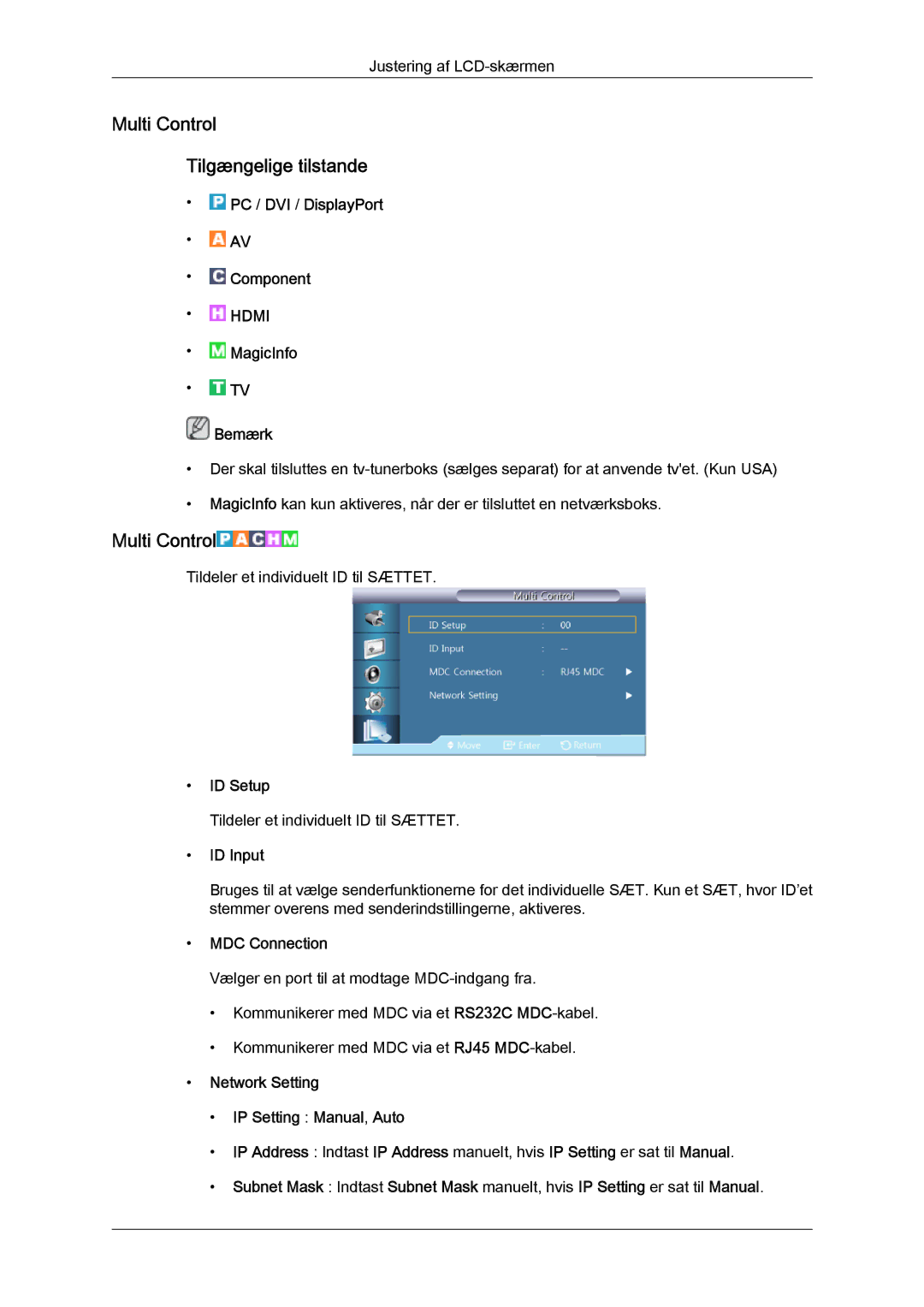 Samsung LH46CSPLSC/EN, LH46CSPLBC/EN manual Multi Control Tilgængelige tilstande, ID Setup, ID Input, MDC Connection 