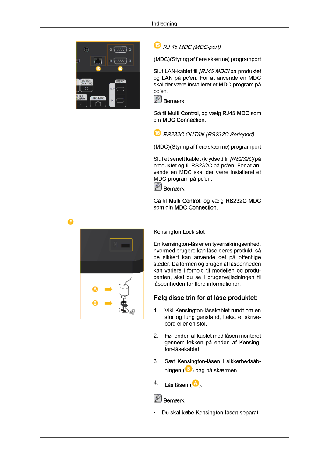 Samsung LH40CSPLBC/EN, LH46CSPLBC/EN, LH40CSPLSC/EN, LH46CSPLSC/EN Følg disse trin for at låse produktet, RJ 45 MDC MDC-port 