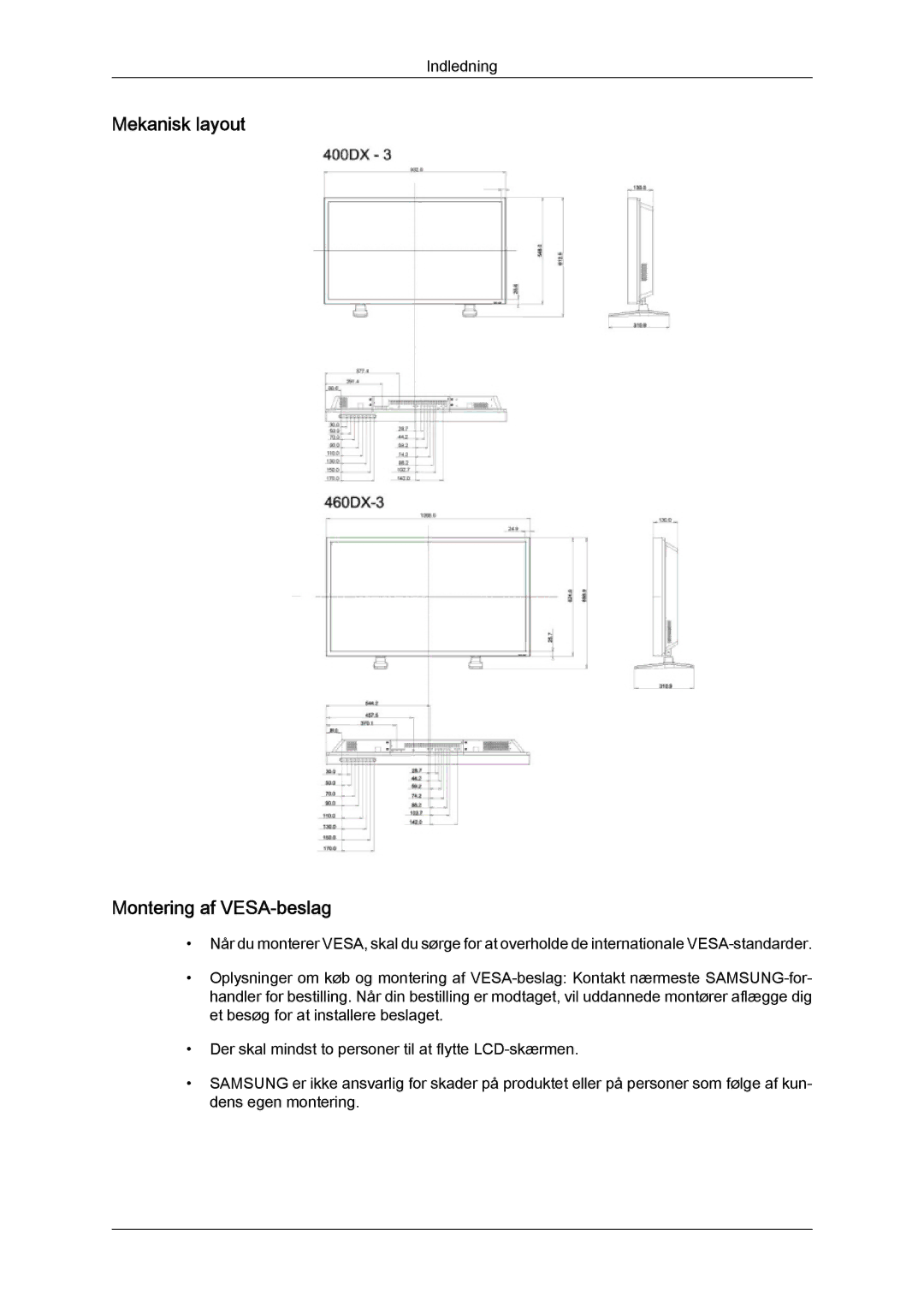 Samsung LH46CSPLBC/EN, LH40CSPLBC/EN, LH40CSPLSC/EN, LH46CSPLSC/EN manual Mekanisk layout Montering af VESA-beslag 