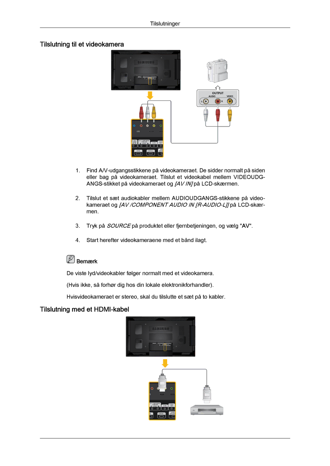 Samsung LH46CSPLBC/EN, LH40CSPLBC/EN, LH40CSPLSC/EN manual Tilslutning til et videokamera, Tilslutning med et HDMI-kabel 