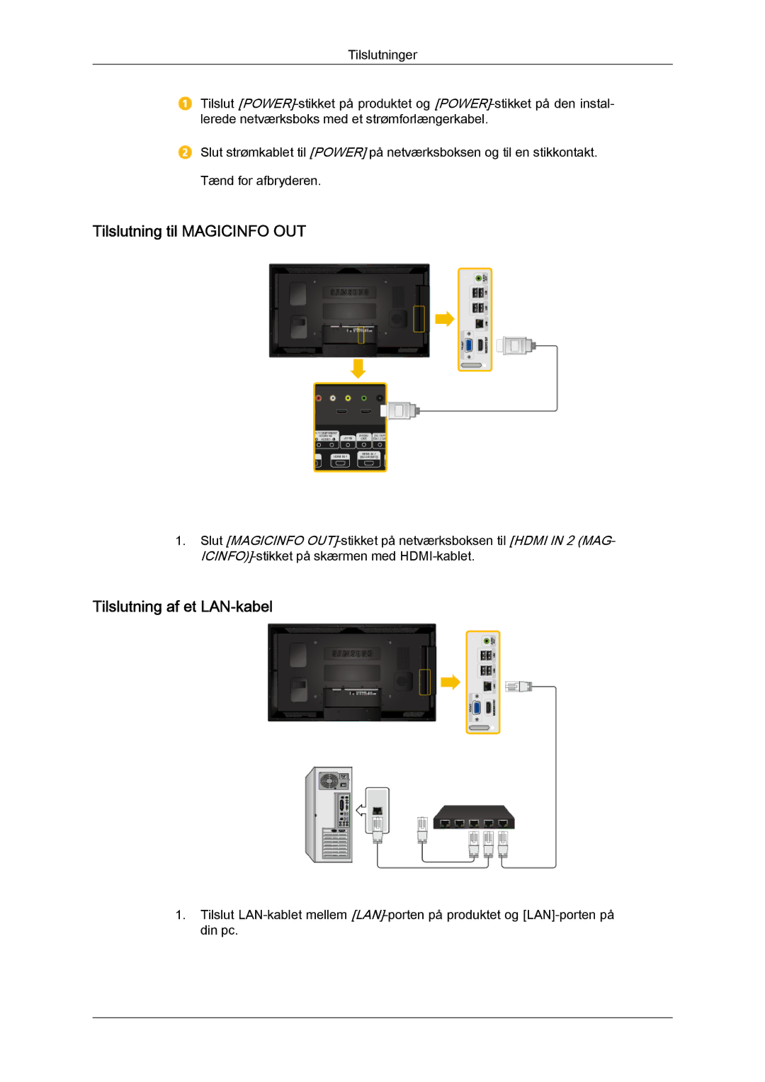 Samsung LH46CSPLBC/EN, LH40CSPLBC/EN, LH40CSPLSC/EN manual Tilslutning til Magicinfo OUT, Tilslutning af et LAN-kabel 