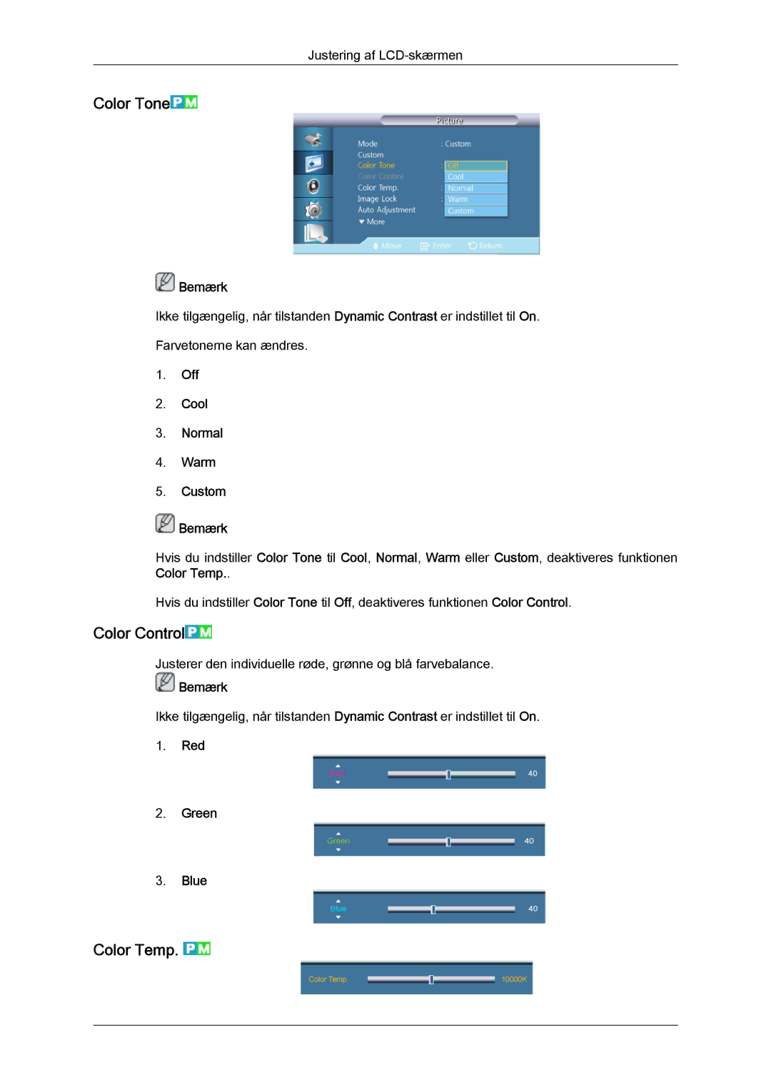 Samsung LH40CSPLSC/EN manual Color Tone, Color Control, Color Temp, Off Cool Normal Warm Custom Bemærk, Red Green Blue 