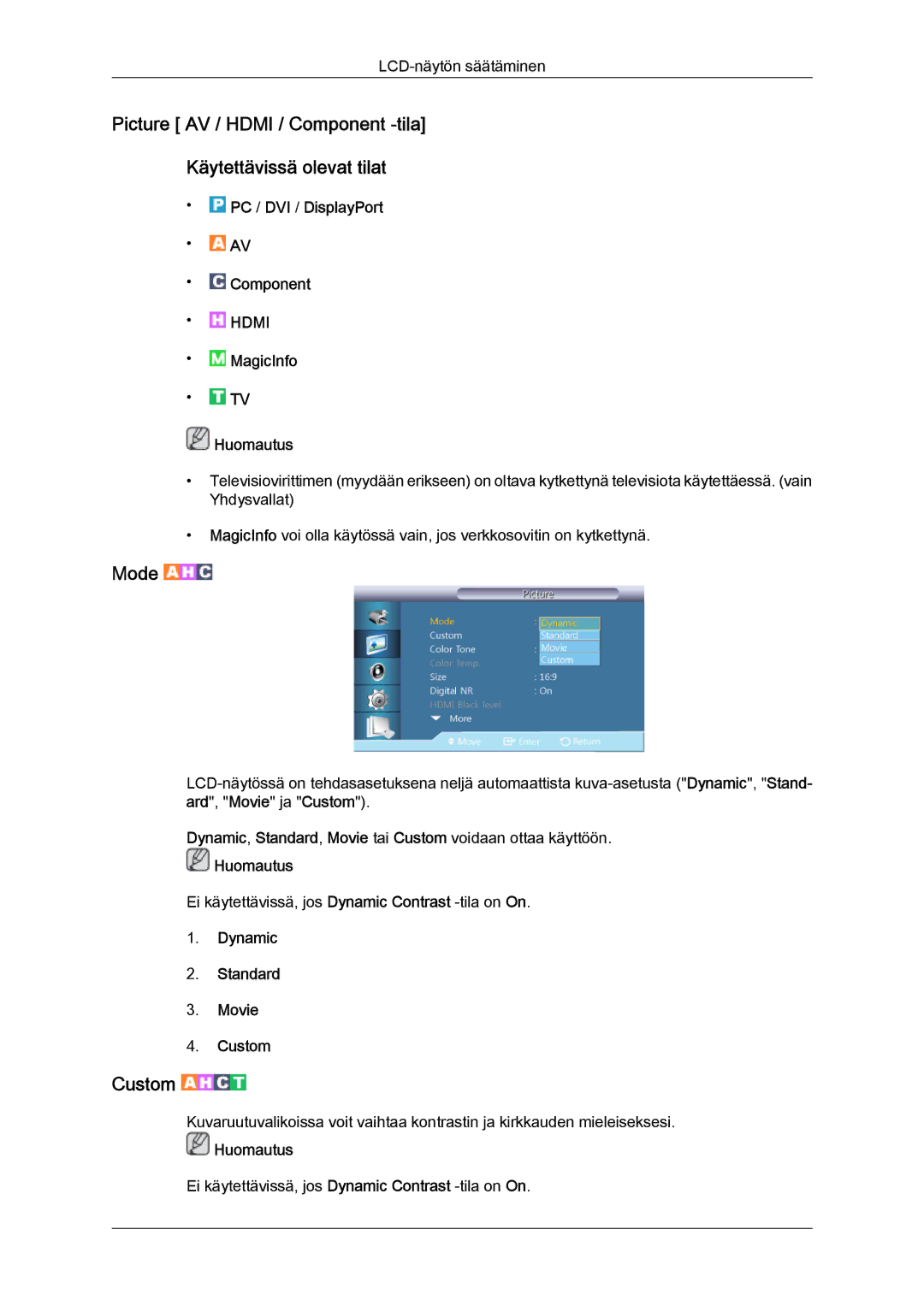 Samsung LH46CSPLSC/EN, LH46CSPLBC/EN, LH40CSPLBC/EN manual PC / DVI / DisplayPort Component, Dynamic Standard Movie Custom 