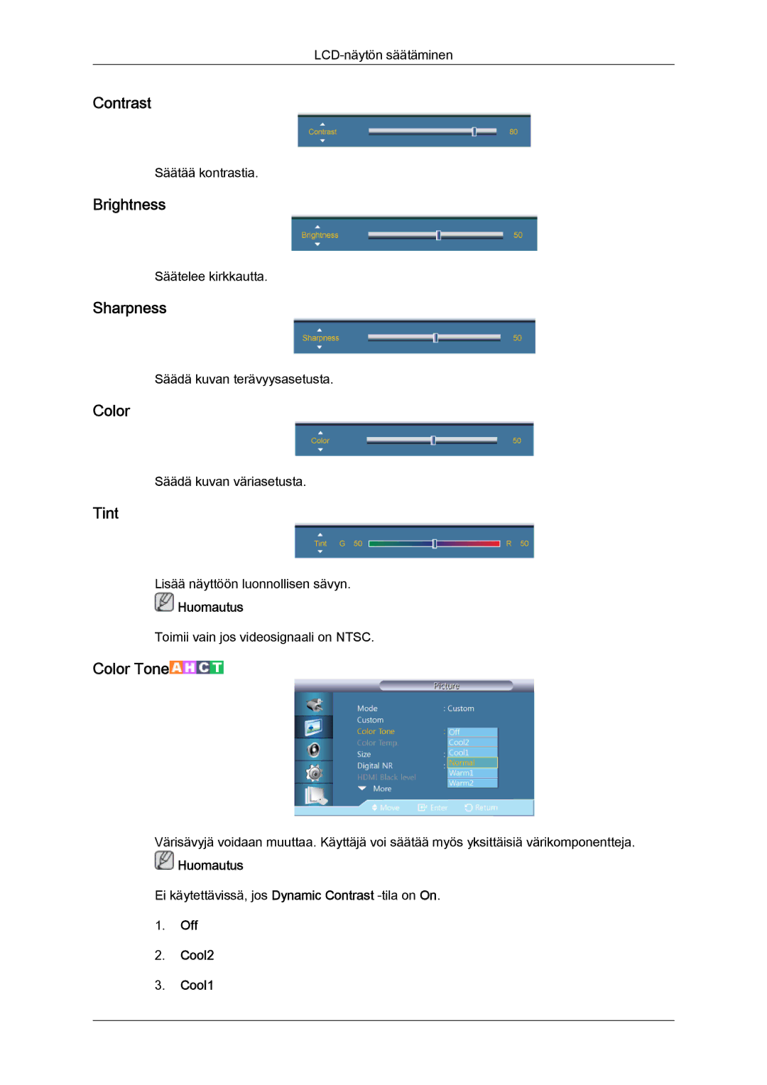 Samsung LH46CSPLBC/EN, LH40CSPLBC/EN, LH40CSPLSC/EN, LH46CSPLSC/EN manual Contrast, Brightness, Sharpness, Color, Tint 