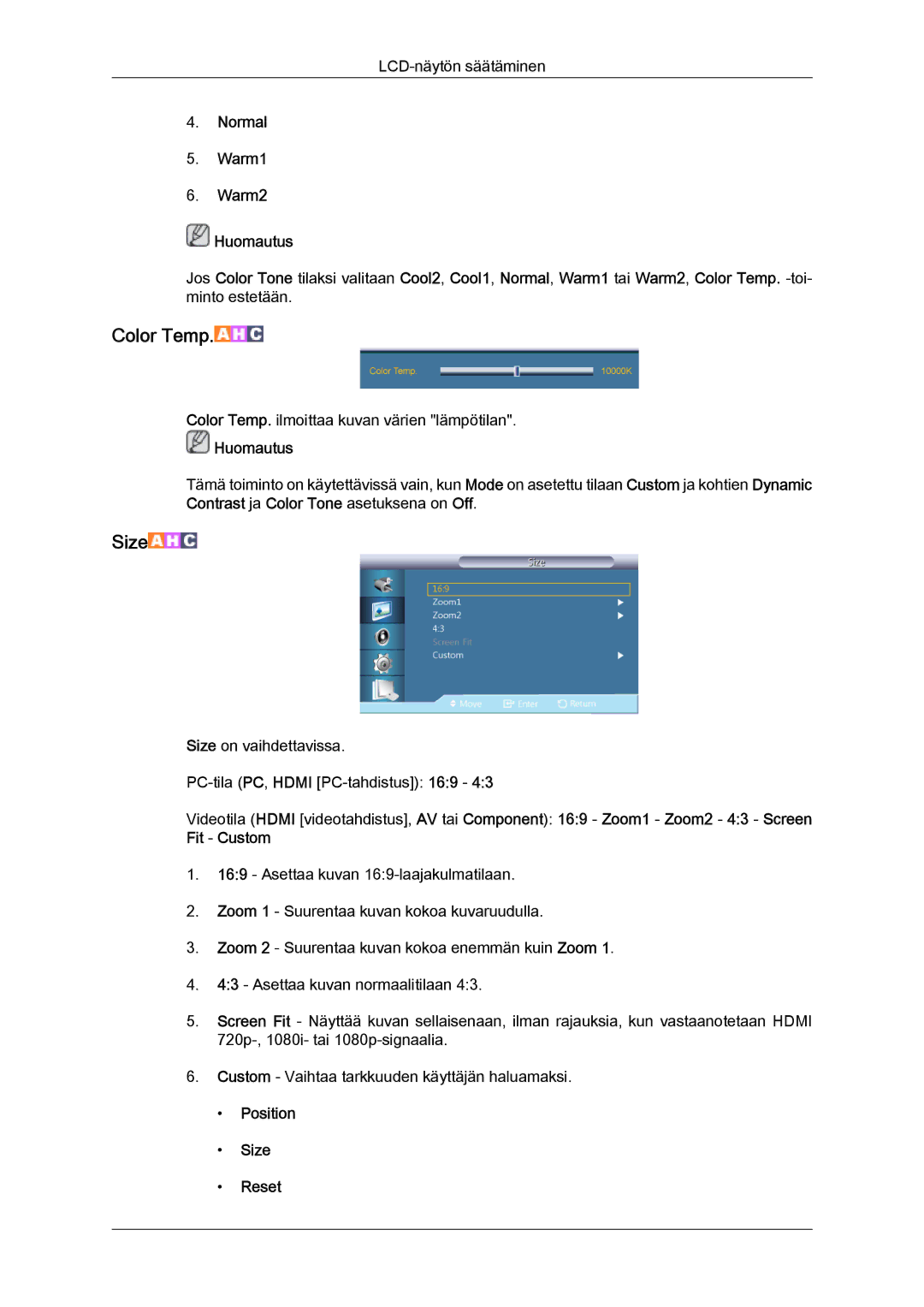 Samsung LH40CSPLBC/EN, LH46CSPLBC/EN, LH40CSPLSC/EN, LH46CSPLSC/EN manual Color Temp, Position Size Reset 