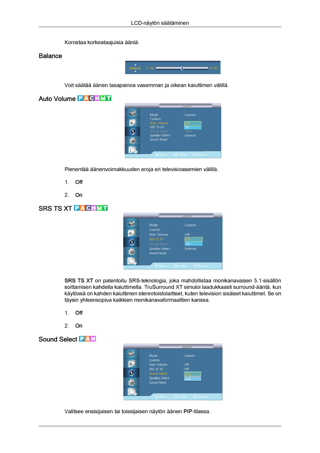 Samsung LH40CSPLSC/EN, LH46CSPLBC/EN, LH40CSPLBC/EN, LH46CSPLSC/EN manual Balance, Auto Volume, Sound Select 