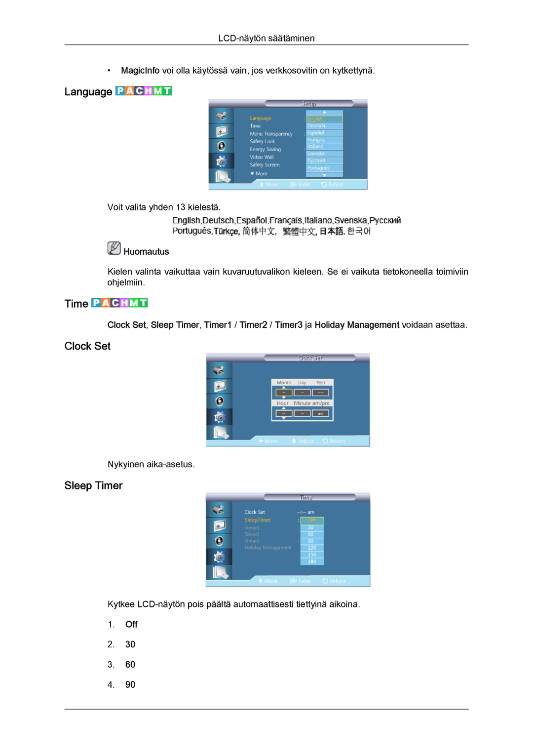 Samsung LH46CSPLBC/EN, LH40CSPLBC/EN, LH40CSPLSC/EN, LH46CSPLSC/EN manual Language, Clock Set, Sleep Timer 