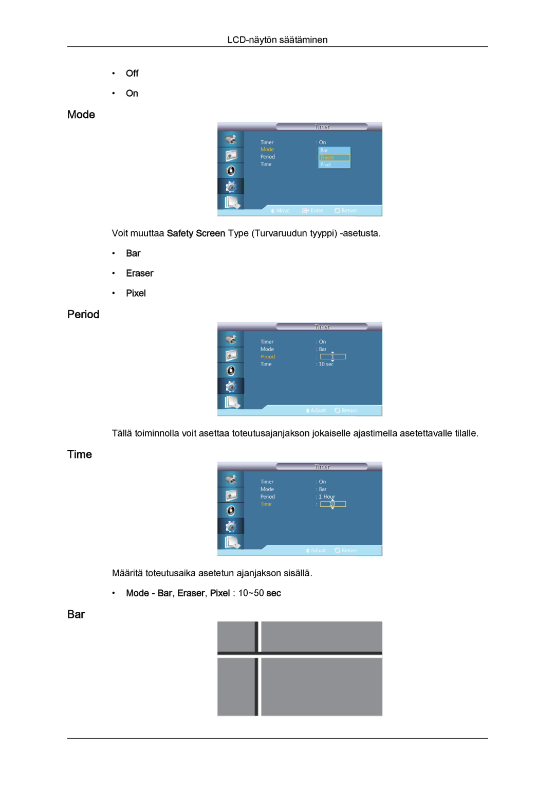 Samsung LH46CSPLSC/EN, LH46CSPLBC/EN, LH40CSPLBC/EN manual Period, Bar Eraser Pixel, Mode ‐ Bar, Eraser, Pixel 10~50 sec 