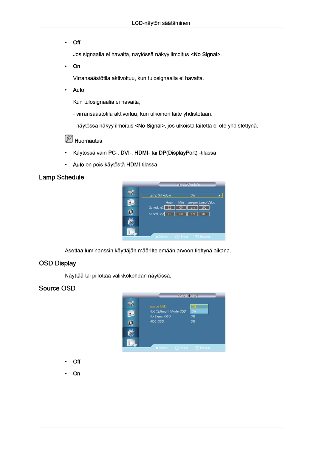 Samsung LH46CSPLBC/EN, LH40CSPLBC/EN, LH40CSPLSC/EN, LH46CSPLSC/EN manual Lamp Schedule, OSD Display, Source OSD, Auto 