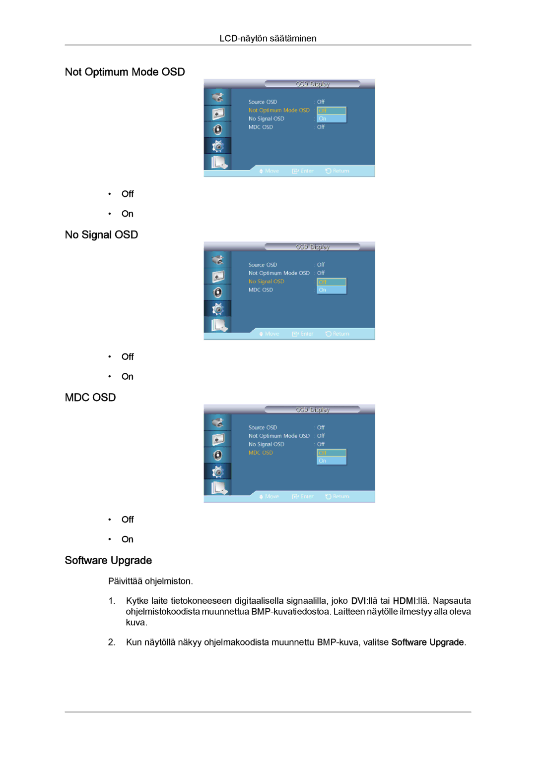 Samsung LH40CSPLBC/EN, LH46CSPLBC/EN, LH40CSPLSC/EN, LH46CSPLSC/EN Not Optimum Mode OSD, No Signal OSD, Software Upgrade 