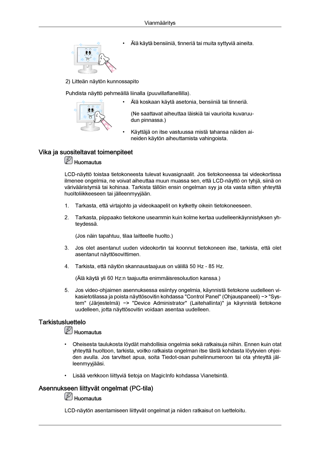 Samsung LH40CSPLBC/EN manual Vika ja suositeltavat toimenpiteet, Tarkistusluettelo, Asennukseen liittyvät ongelmat PC‐tila 