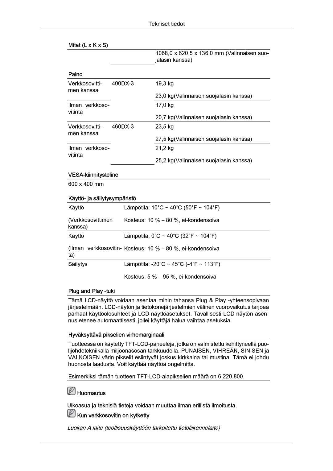 Samsung LH40CSPLSC/EN Paino, Käyttö‐ ja säilytysympäristö, Plug and Play ‐tuki, Hyväksyttävä pikselien virhemarginaali 