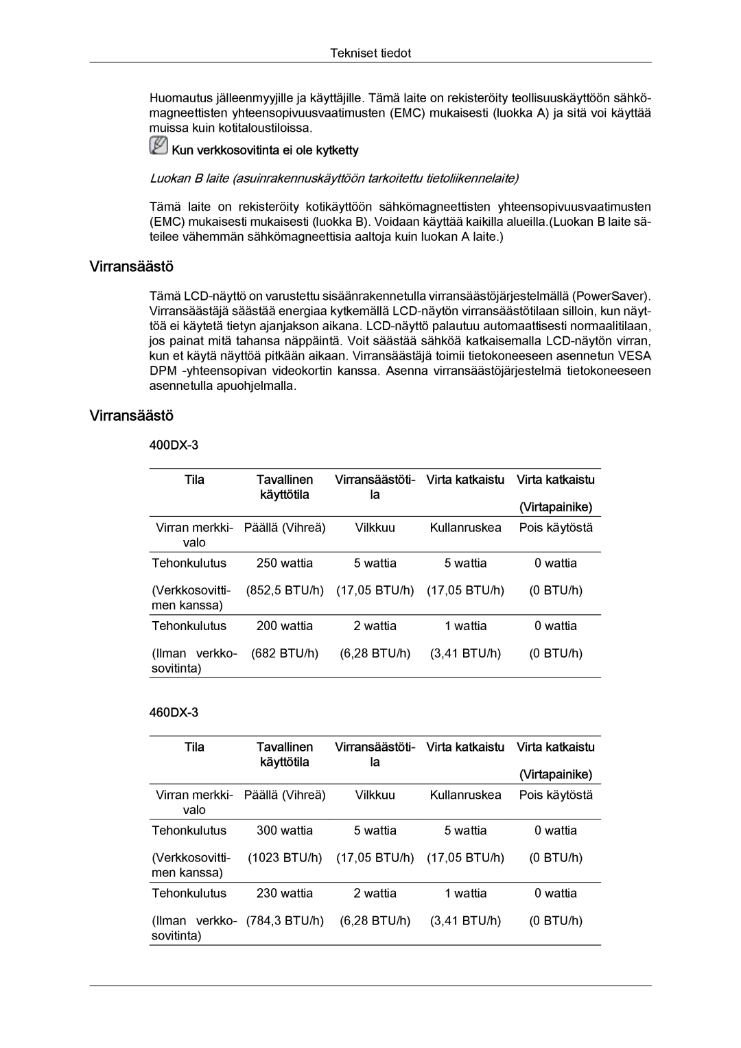 Samsung LH46CSPLSC/EN, LH46CSPLBC/EN, LH40CSPLBC/EN Virransäästö, Kun verkkosovitinta ei ole kytketty, 400DX‐3, 460DX‐3 