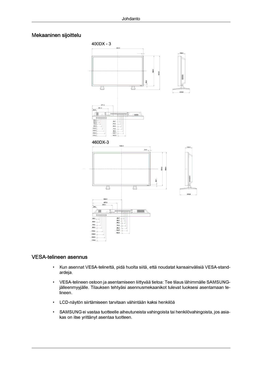 Samsung LH46CSPLBC/EN, LH40CSPLBC/EN, LH40CSPLSC/EN, LH46CSPLSC/EN manual Mekaaninen sijoittelu VESA‐telineen asennus 