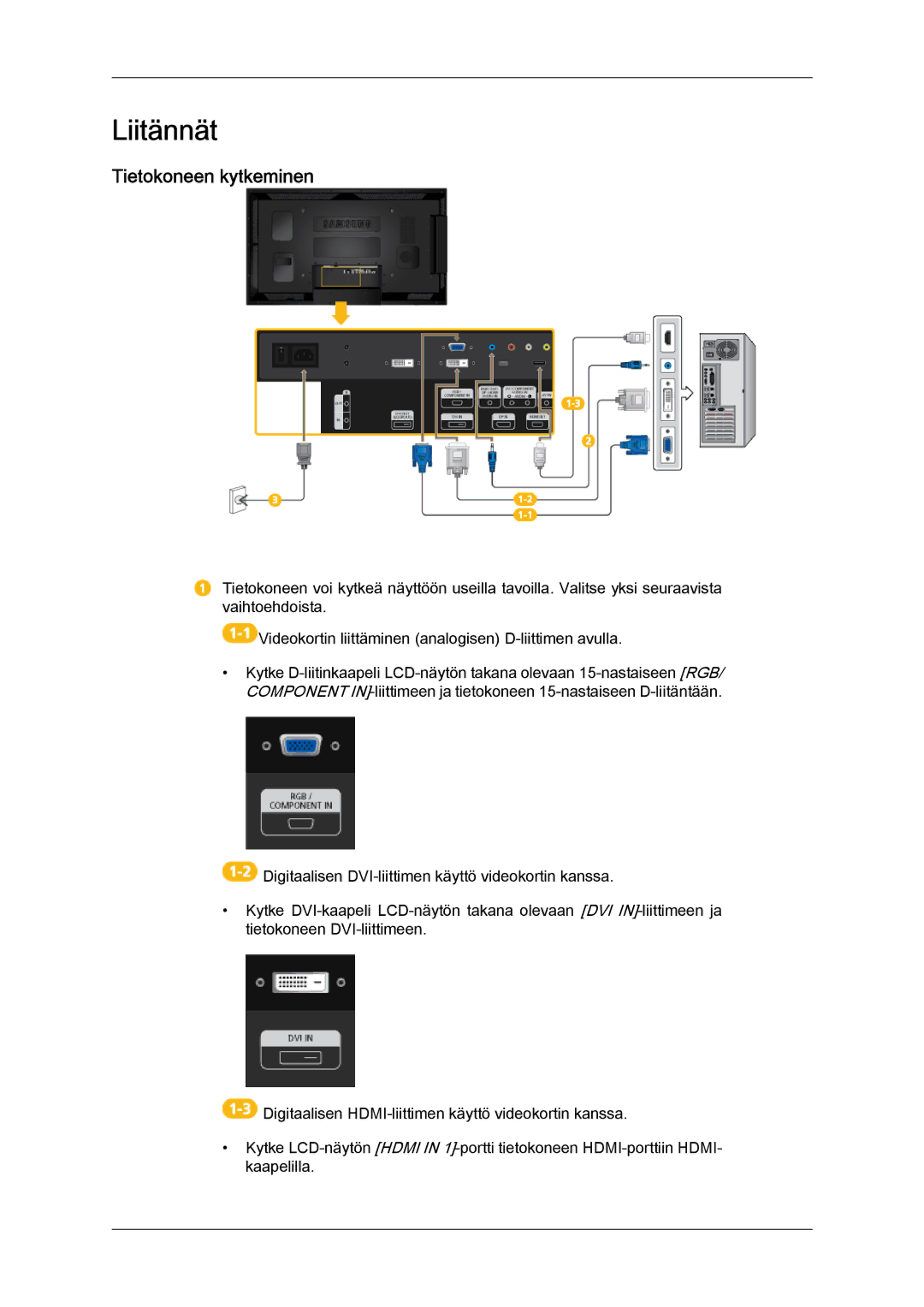 Samsung LH40CSPLBC/EN, LH46CSPLBC/EN, LH40CSPLSC/EN, LH46CSPLSC/EN manual Liitännät, Tietokoneen kytkeminen 