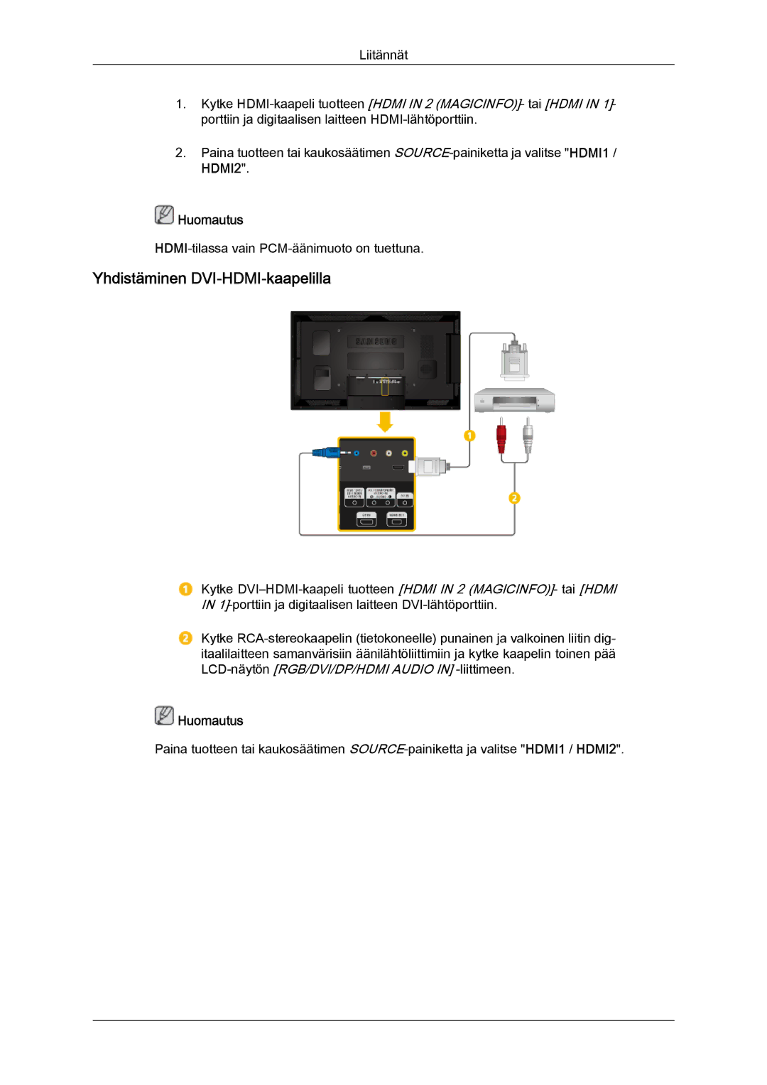 Samsung LH40CSPLBC/EN, LH46CSPLBC/EN, LH40CSPLSC/EN, LH46CSPLSC/EN manual Yhdistäminen DVI‐HDMI‐kaapelilla 