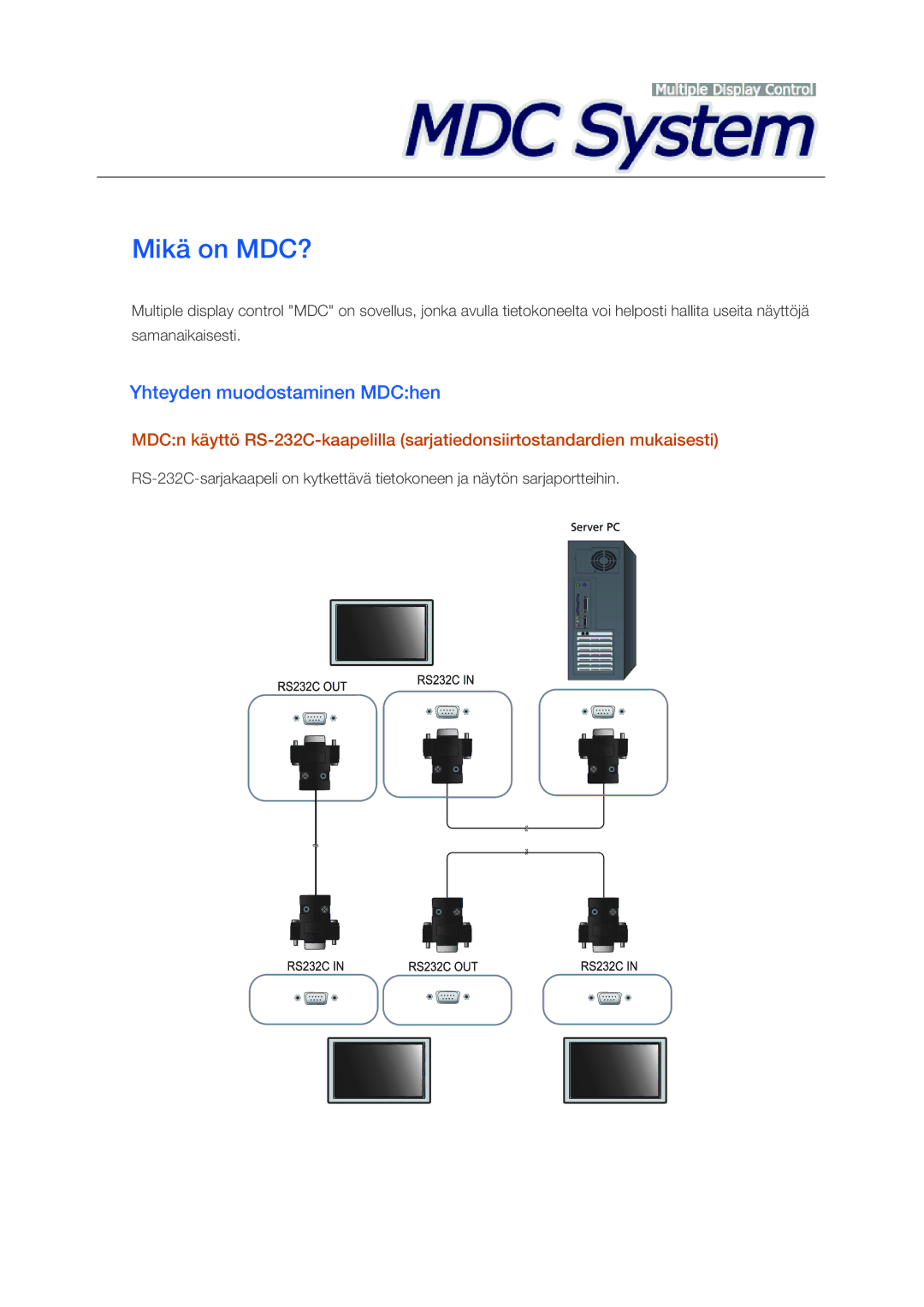 Samsung LH46CSPLBC/EN, LH40CSPLBC/EN, LH40CSPLSC/EN, LH46CSPLSC/EN manual Mikä on MDC?, Yhteyden muodostaminen MDChen 