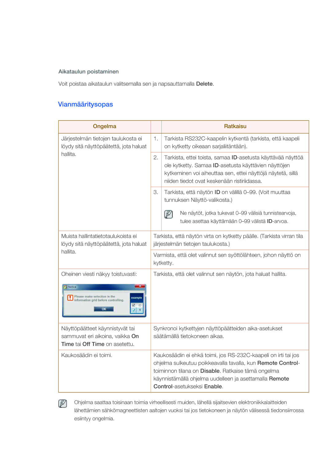 Samsung LH40CSPLBC/EN, LH46CSPLBC/EN, LH40CSPLSC/EN, LH46CSPLSC/EN manual Vianmääritysopas, Aikataulun poistaminen 