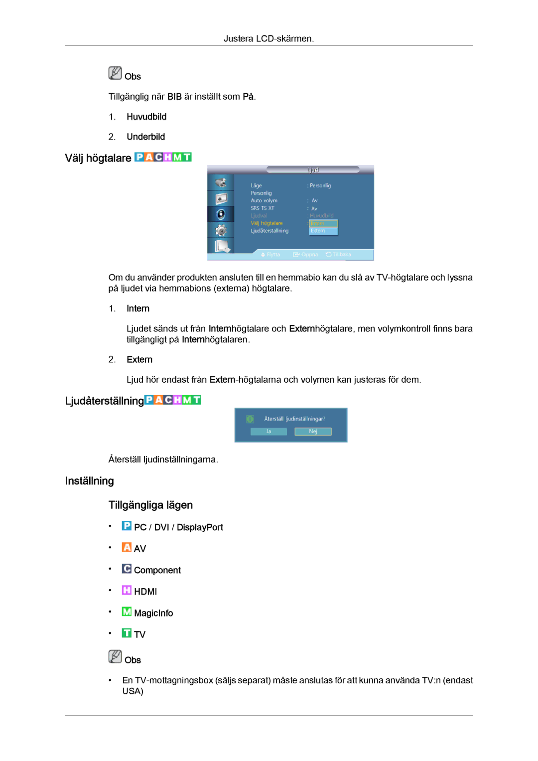 Samsung LH46CSPLSC/EN, LH46CSPLBC/EN, LH40CSPLBC/EN manual Välj högtalare, Ljudåterställning, Inställning Tillgängliga lägen 