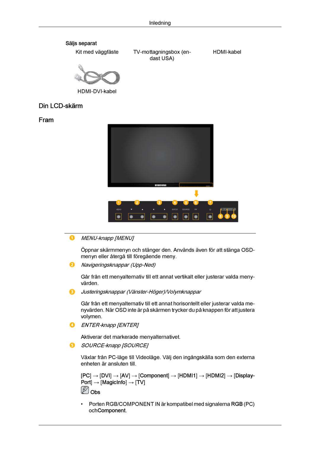 Samsung LH46CSPLBC/EN, LH40CSPLBC/EN, LH40CSPLSC/EN, LH46CSPLSC/EN manual Din LCD-skärm Fram, MENU-knapp Menu 