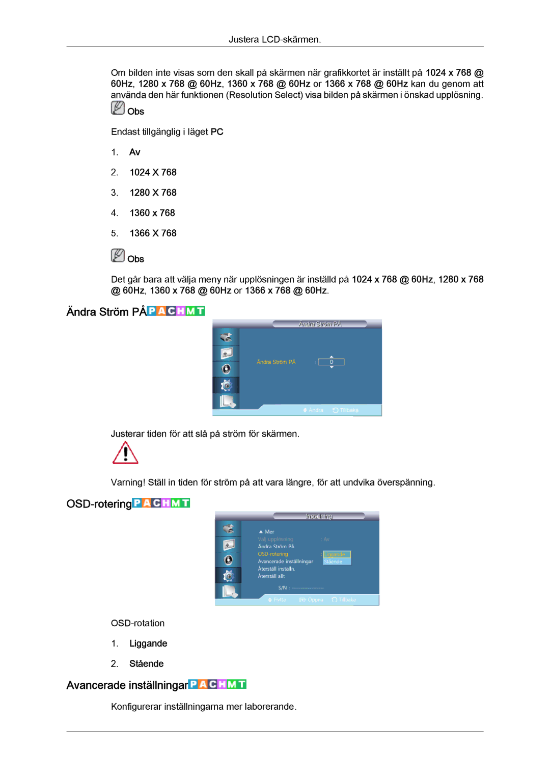 Samsung LH40CSPLBC/EN manual Ändra Ström PÅ, OSD-rotering, Avancerade inställningar, 1024 X 1280 X 1360 x 1366 X Obs 