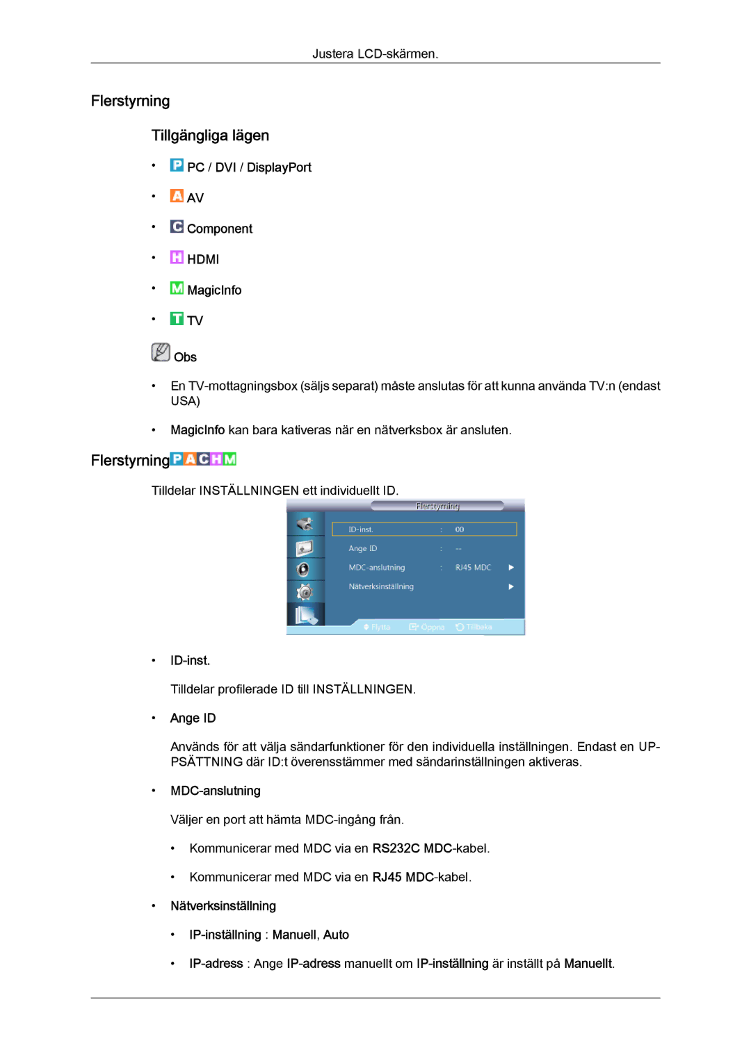 Samsung LH46CSPLSC/EN, LH46CSPLBC/EN, LH40CSPLBC/EN manual Flerstyrning Tillgängliga lägen, ID-inst, Ange ID, MDC-anslutning 