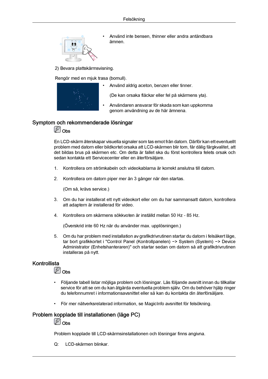 Samsung LH40CSPLBC/EN Symptom och rekommenderade lösningar, Kontrollista, Problem kopplade till installationen läge PC 