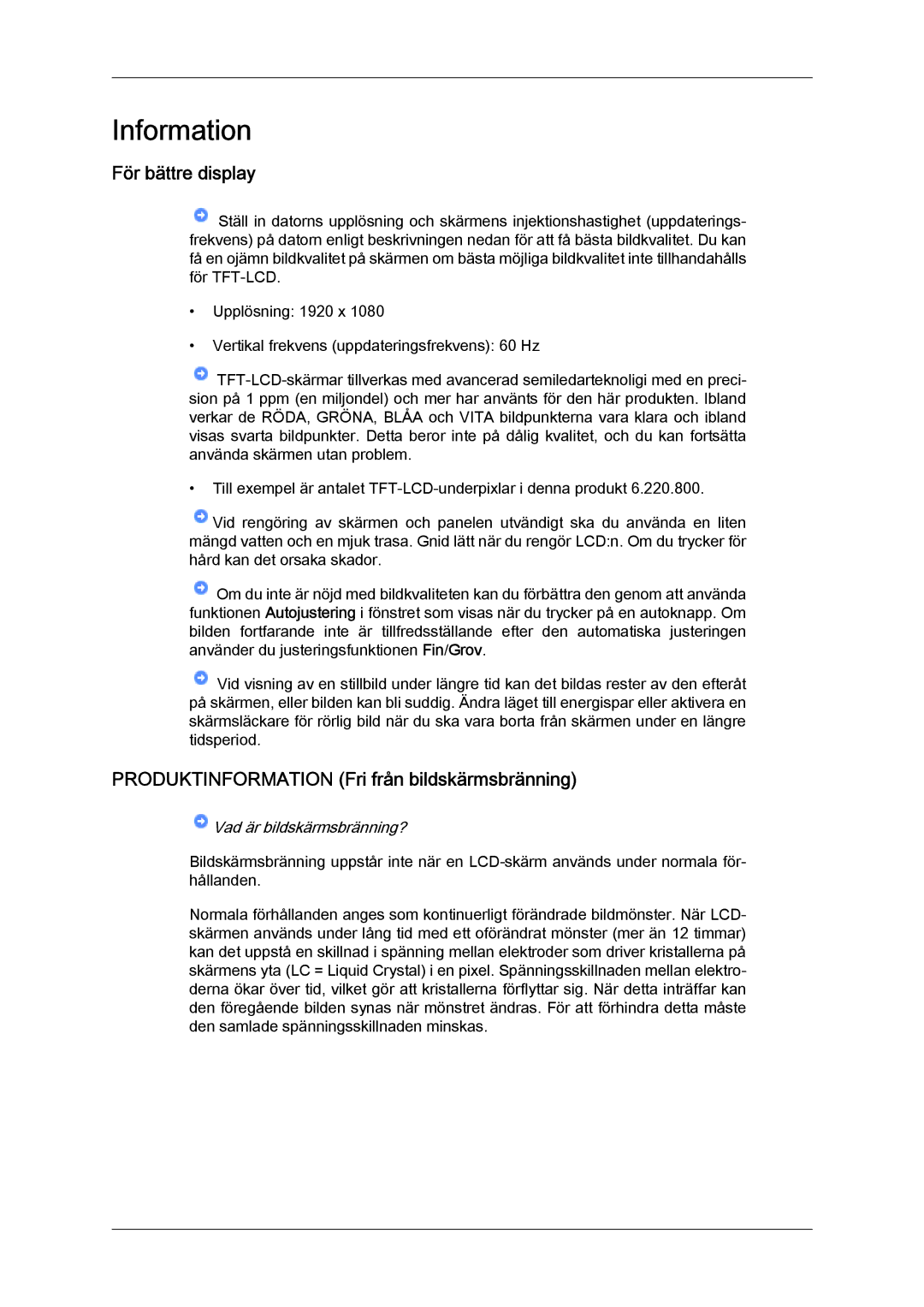 Samsung LH40CSPLSC/EN, LH46CSPLBC/EN, LH40CSPLBC/EN manual För bättre display, Produktinformation Fri från bildskärmsbränning 