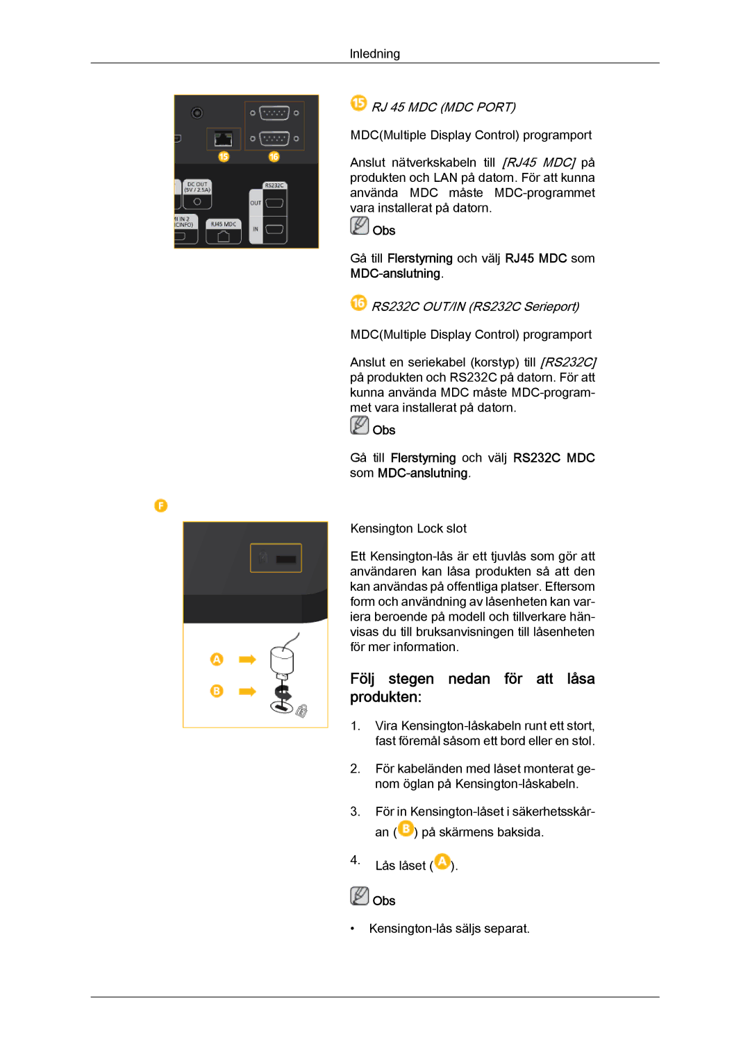 Samsung LH40CSPLBC/EN, LH46CSPLBC/EN, LH40CSPLSC/EN manual Följ stegen nedan för att låsa produkten, RJ 45 MDC MDC Port 