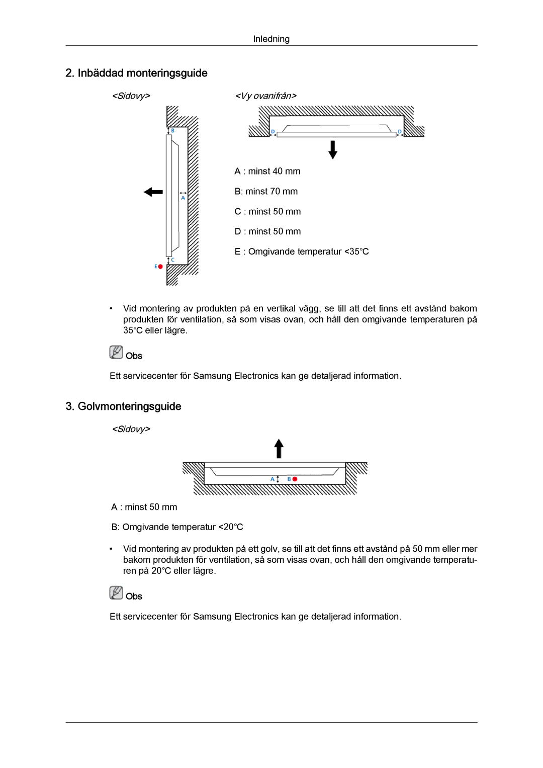 Samsung LH46CSPLSC/EN, LH46CSPLBC/EN, LH40CSPLBC/EN, LH40CSPLSC/EN manual Inbäddad monteringsguide, Golvmonteringsguide 