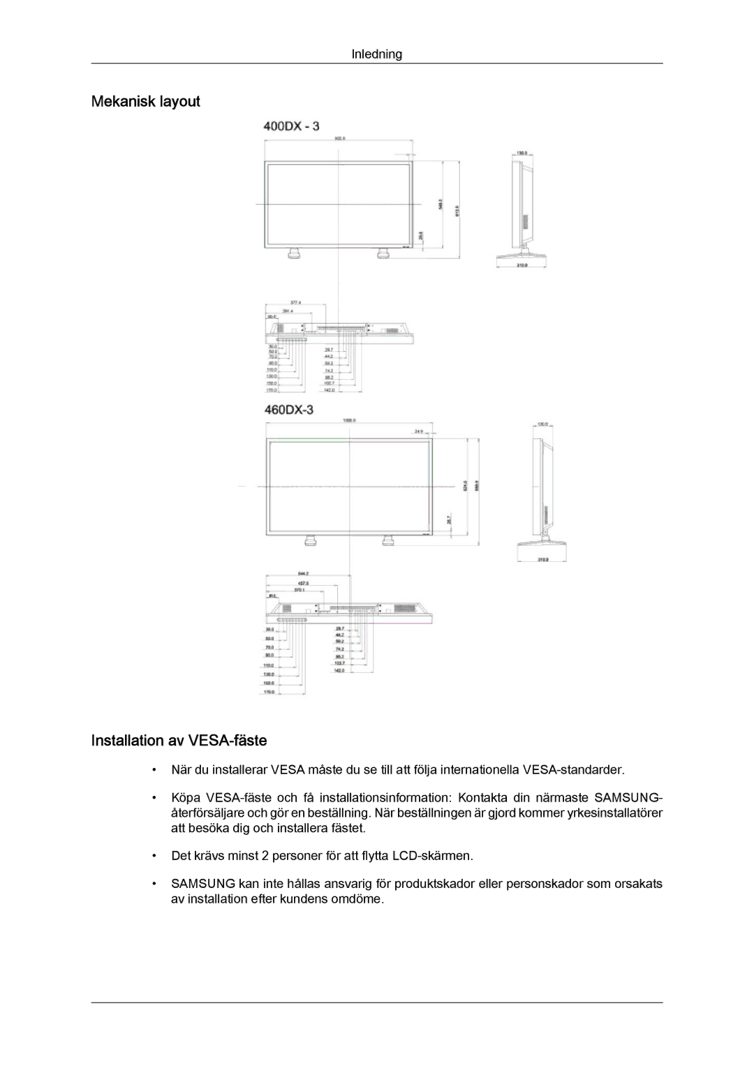 Samsung LH46CSPLBC/EN, LH40CSPLBC/EN, LH40CSPLSC/EN, LH46CSPLSC/EN manual Mekanisk layout Installation av VESA-fäste 