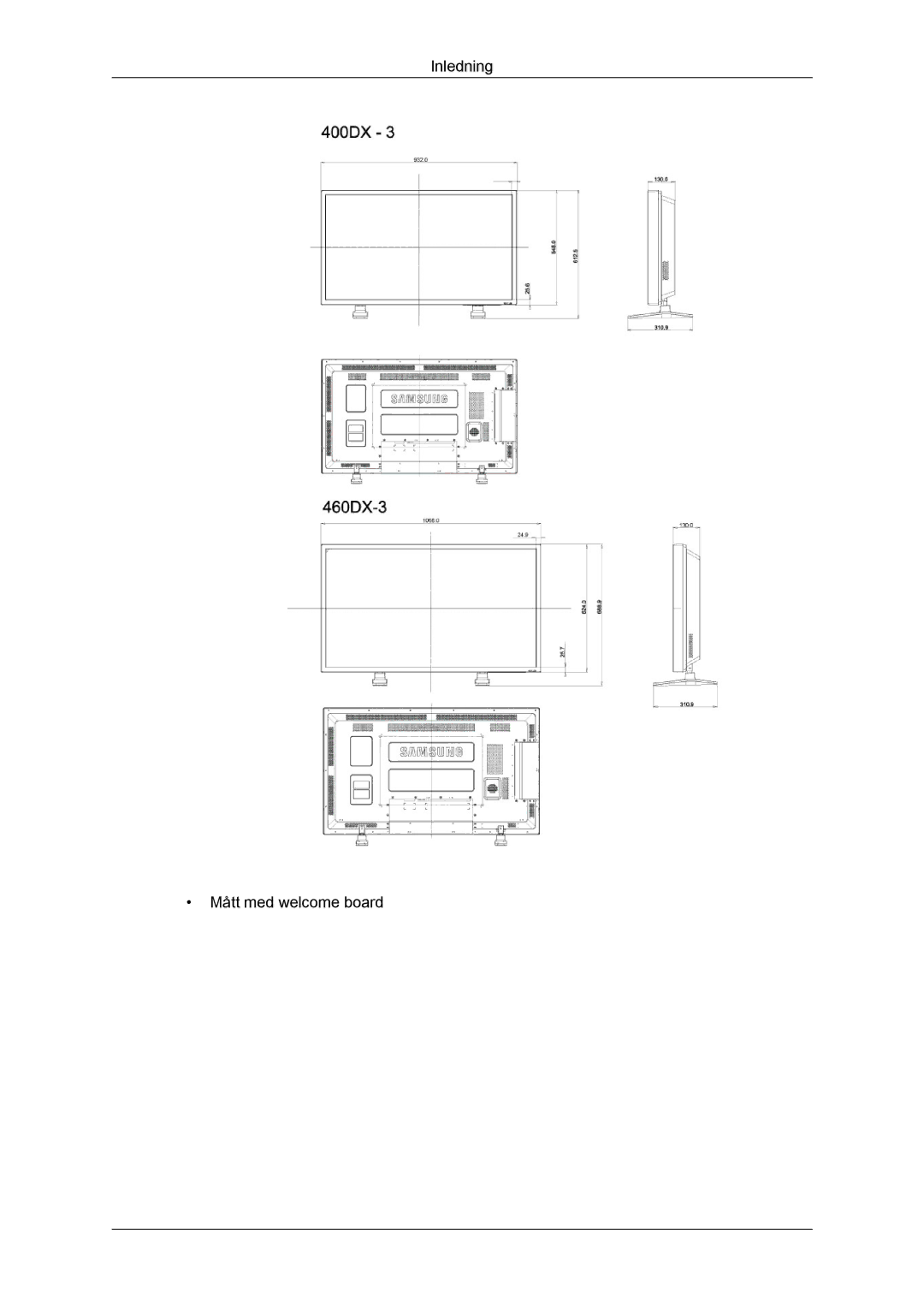 Samsung LH40CSPLSC/EN, LH46CSPLBC/EN, LH40CSPLBC/EN, LH46CSPLSC/EN manual Inledning Mått med welcome board 