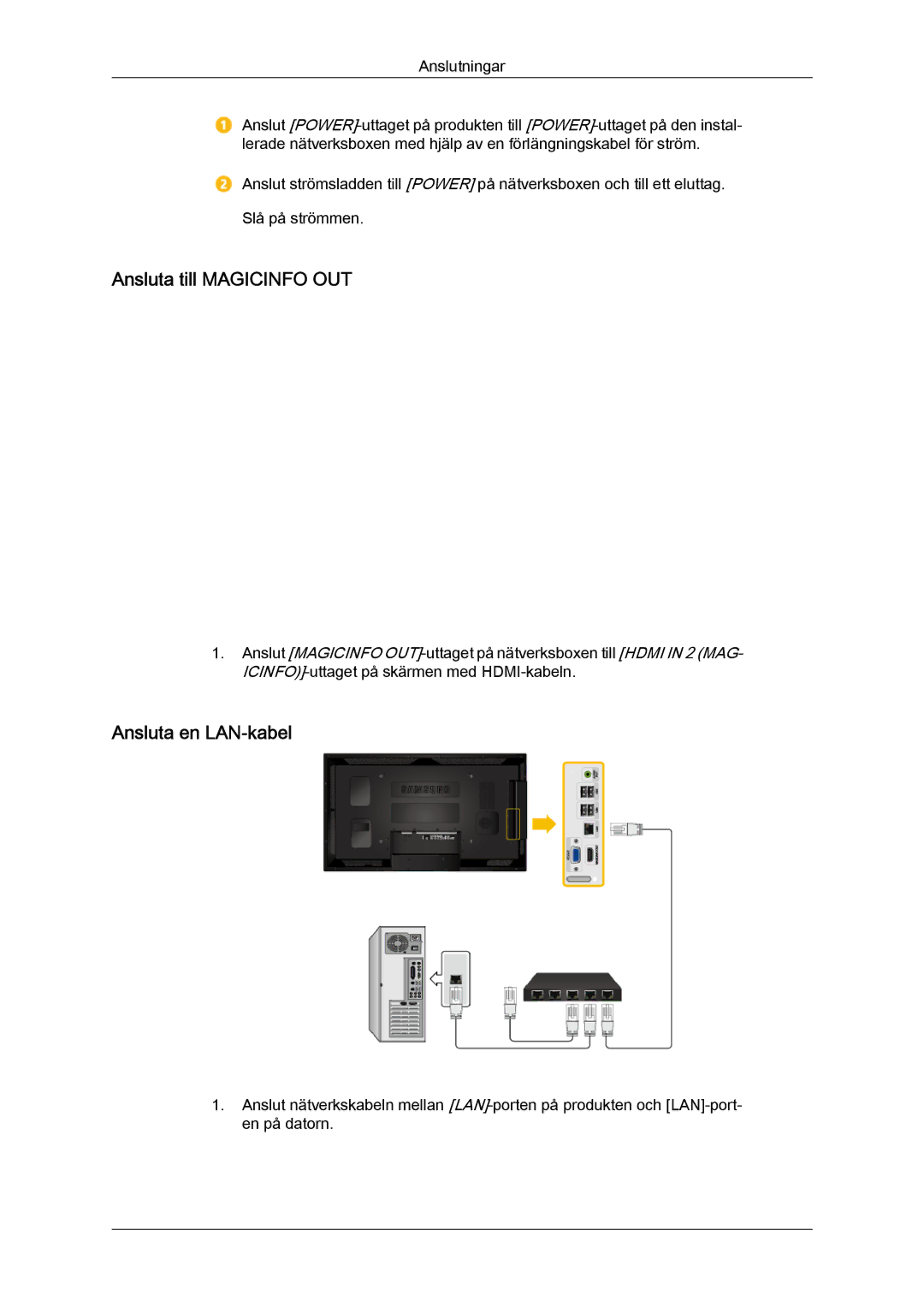 Samsung LH46CSPLSC/EN, LH46CSPLBC/EN, LH40CSPLBC/EN, LH40CSPLSC/EN manual Ansluta till Magicinfo OUT, Ansluta en LAN-kabel 