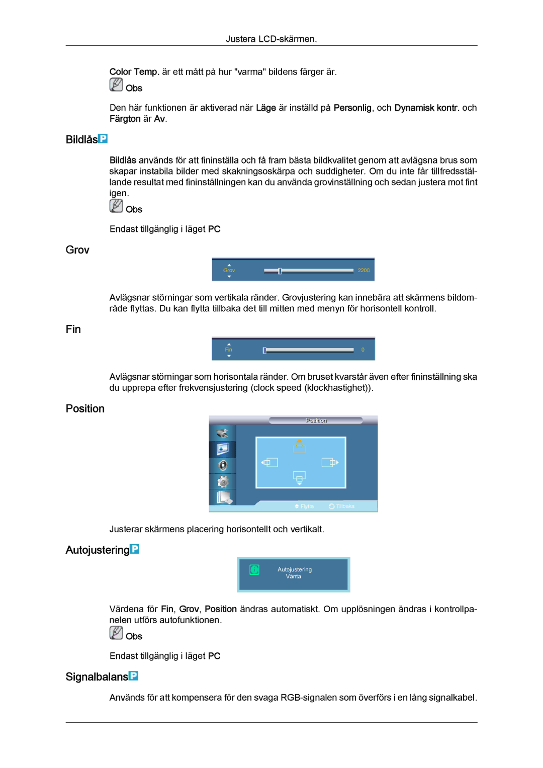 Samsung LH46CSPLSC/EN, LH46CSPLBC/EN, LH40CSPLBC/EN, LH40CSPLSC/EN manual Bildlås, Grov, Fin, Autojustering, Signalbalans 