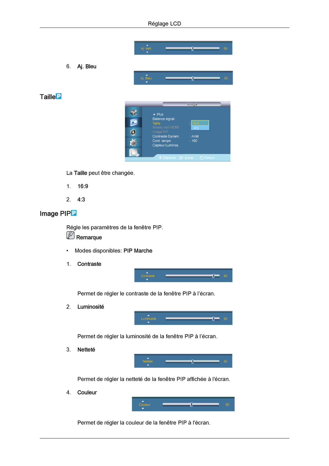 Samsung LH40CSPLBC/EN, LH46CSPLBC/EN manual Taille, Image PIP, Aj. Bleu, Couleur 