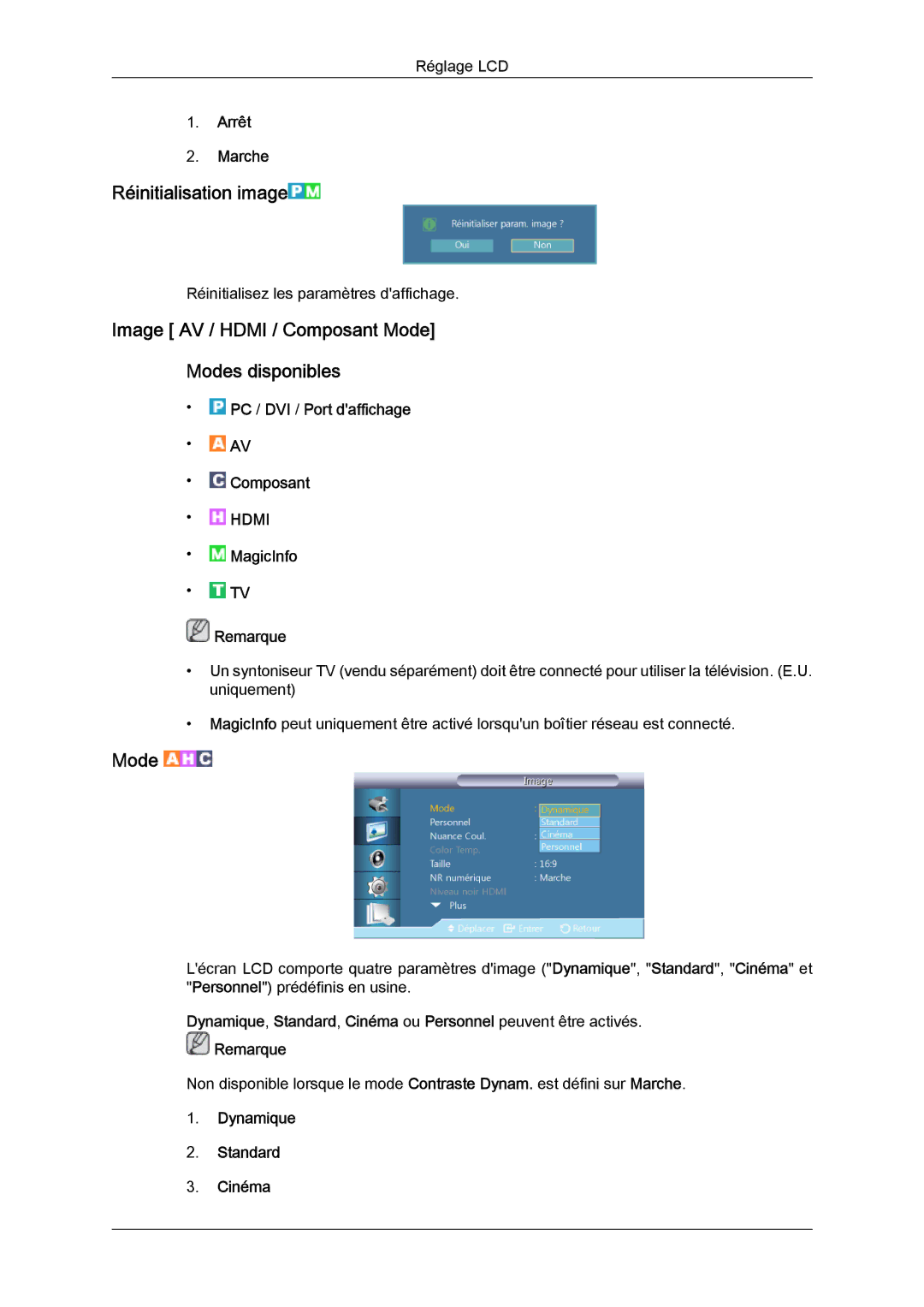 Samsung LH40CSPLBC/EN, LH46CSPLBC/EN manual Réinitialisation image, Image AV / Hdmi / Composant Mode Modes disponibles 