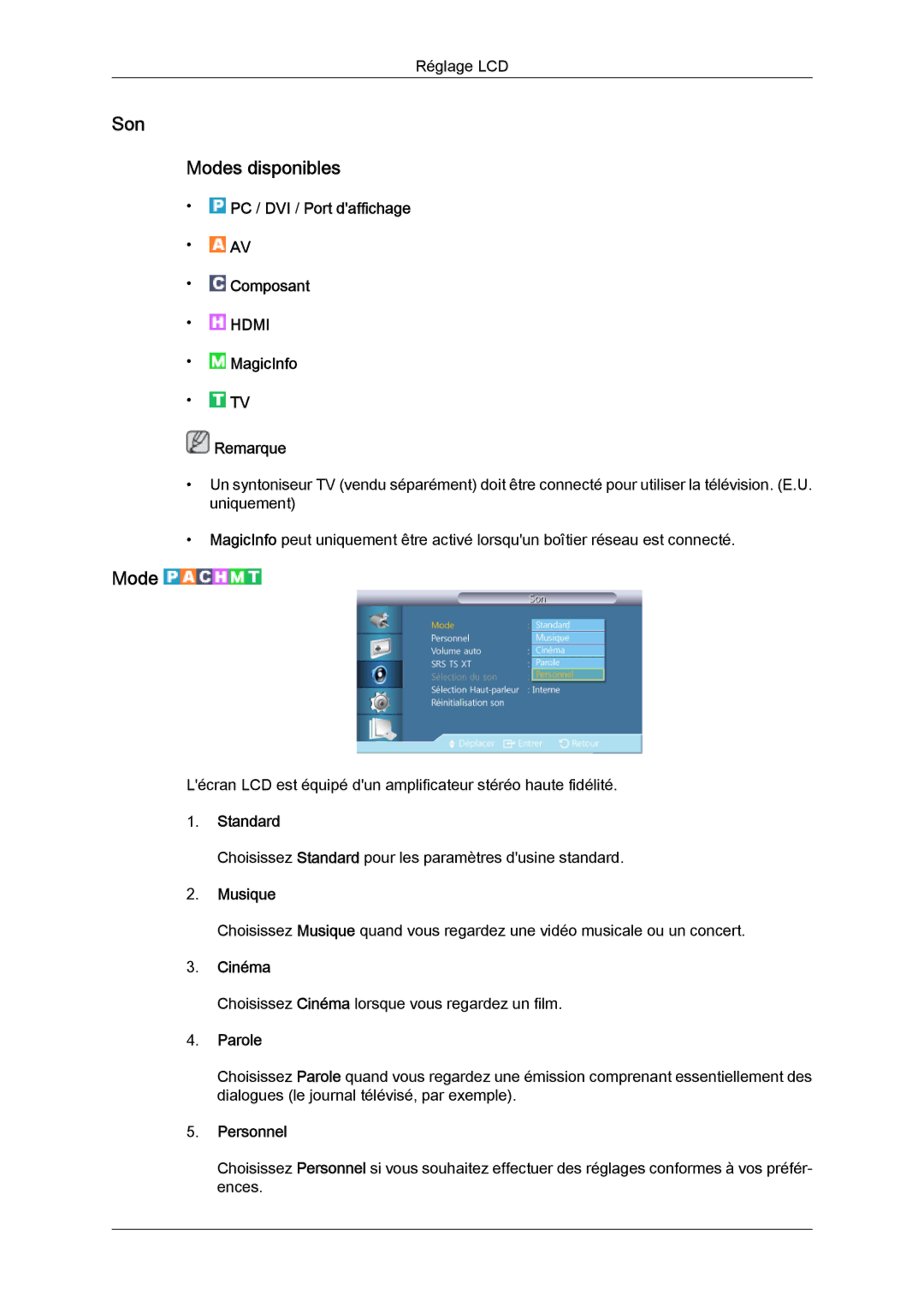 Samsung LH40CSPLBC/EN, LH46CSPLBC/EN manual Son Modes disponibles, Musique, Parole 
