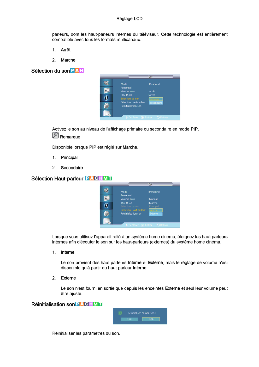 Samsung LH40CSPLBC/EN, LH46CSPLBC/EN manual Sélection du son, Sélection Haut-parleur, Réinitialisation son 