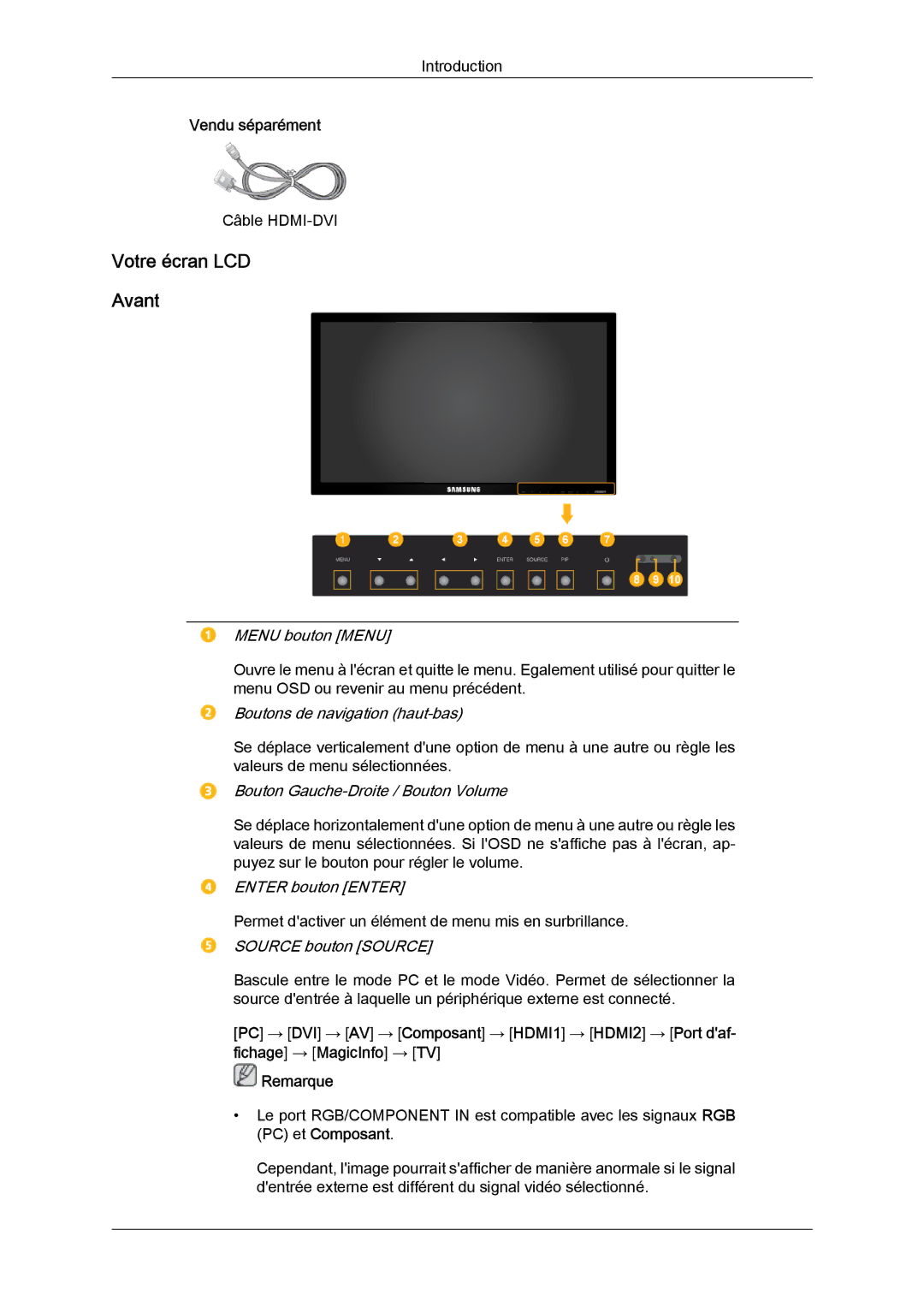 Samsung LH46CSPLBC/EN, LH40CSPLBC/EN manual Votre écran LCD Avant, Menu bouton Menu 