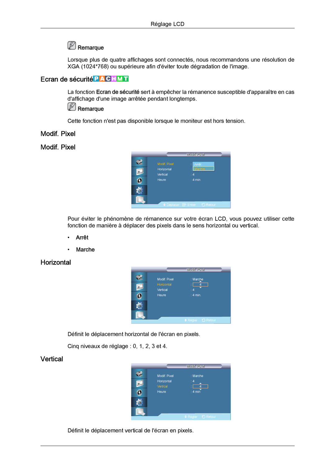 Samsung LH46CSPLBC/EN, LH40CSPLBC/EN manual Ecran de sécurité, Modif. Pixel 