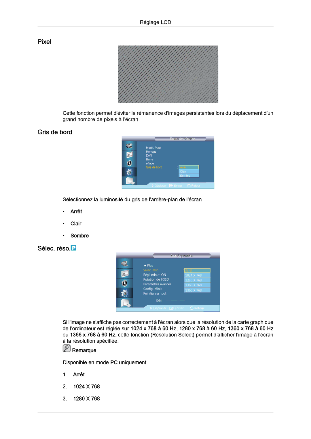 Samsung LH40CSPLBC/EN, LH46CSPLBC/EN manual Pixel, Gris de bord, Sélec. réso, Arrêt Clair Sombre, Arrêt 1024 X 1280 X 