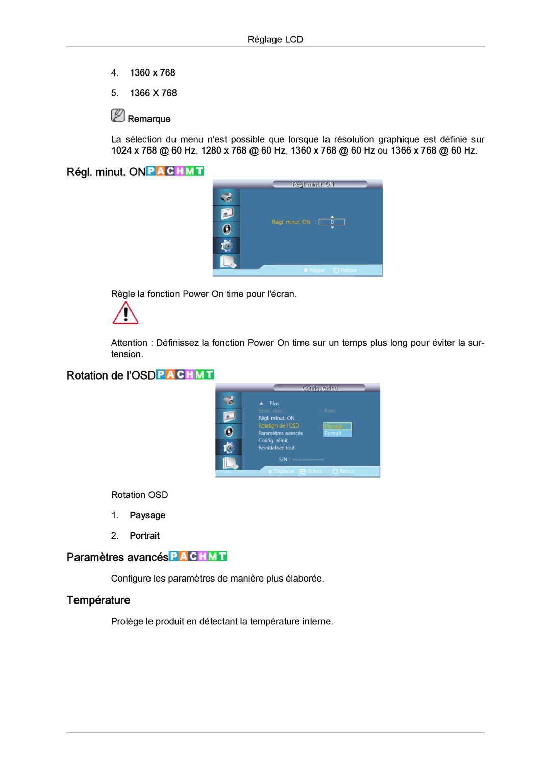 Samsung LH46CSPLBC/EN, LH40CSPLBC/EN manual Régl. minut. on, Rotation de l’OSD, Paramètres avancés, Température 