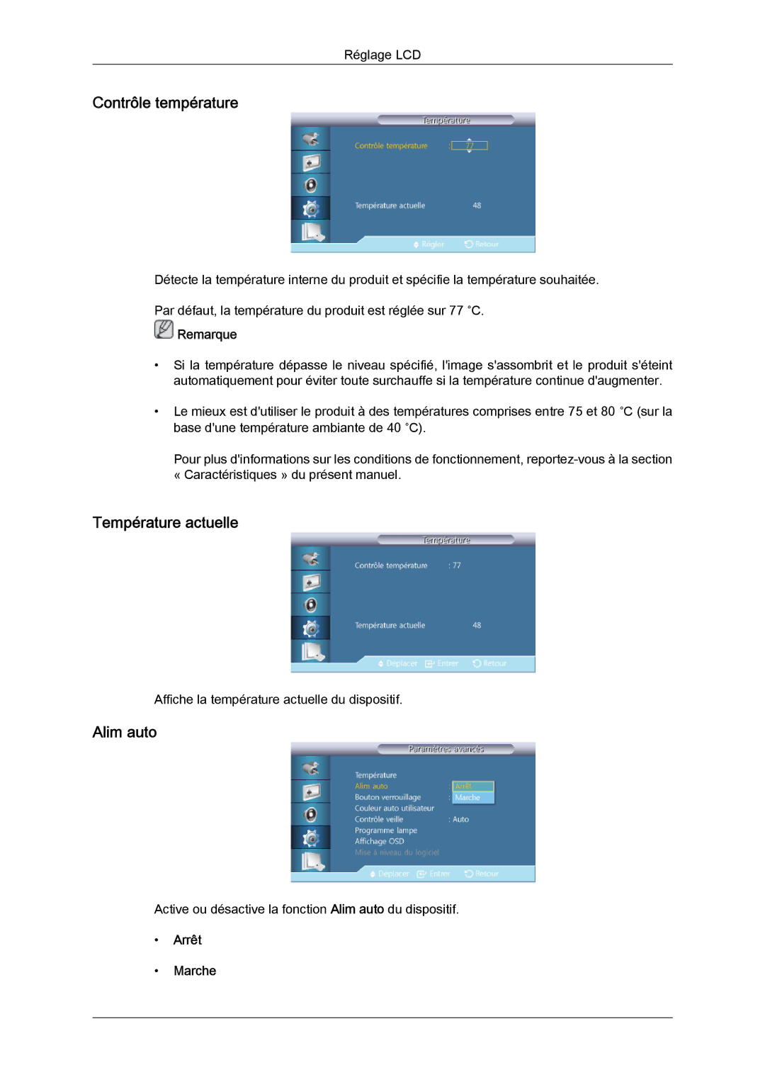 Samsung LH40CSPLBC/EN, LH46CSPLBC/EN manual Contrôle température, Température actuelle, Alim auto 