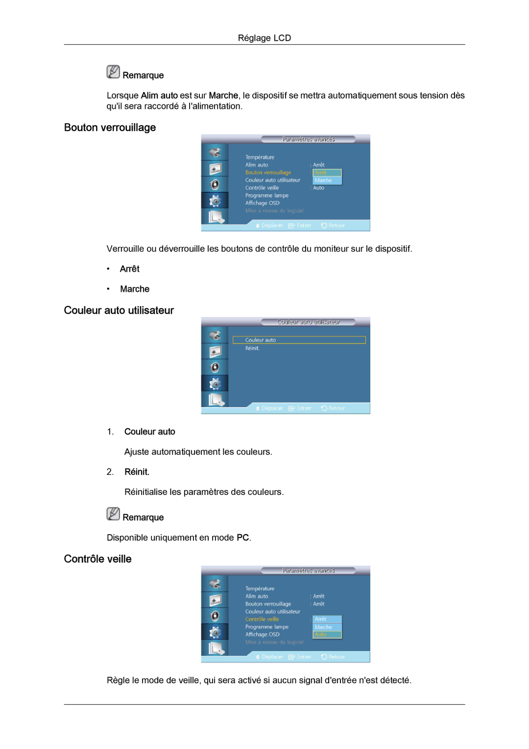 Samsung LH46CSPLBC/EN, LH40CSPLBC/EN manual Bouton verrouillage, Couleur auto utilisateur, Contrôle veille 