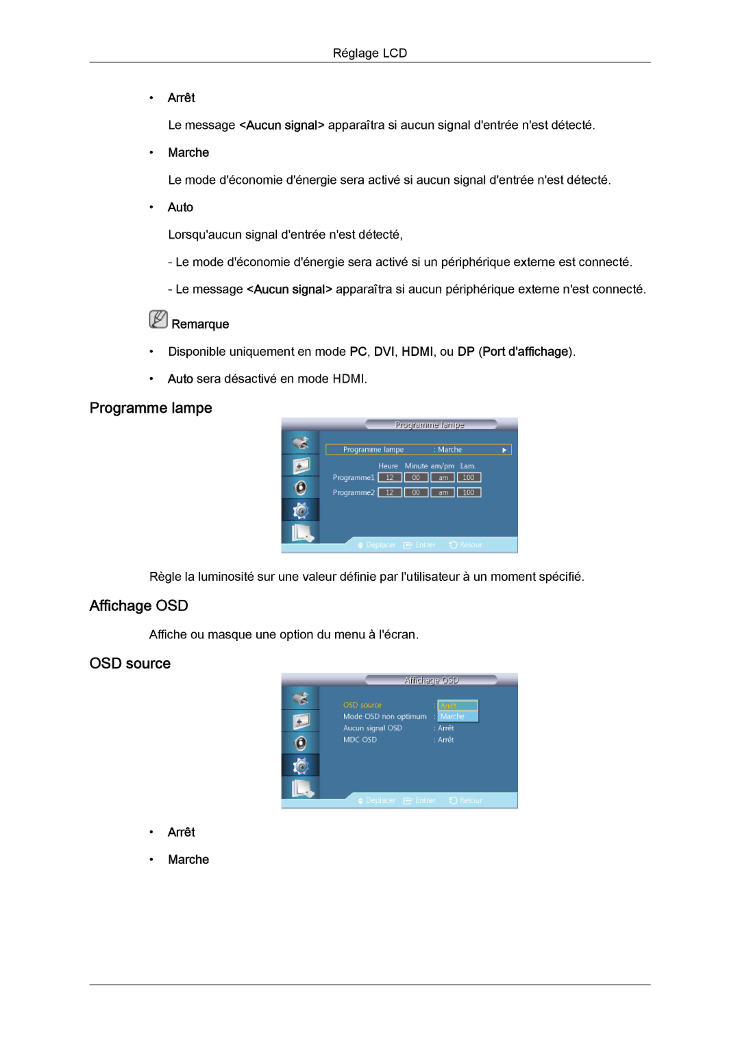 Samsung LH40CSPLBC/EN, LH46CSPLBC/EN manual Programme lampe, Affichage OSD, OSD source, Auto 