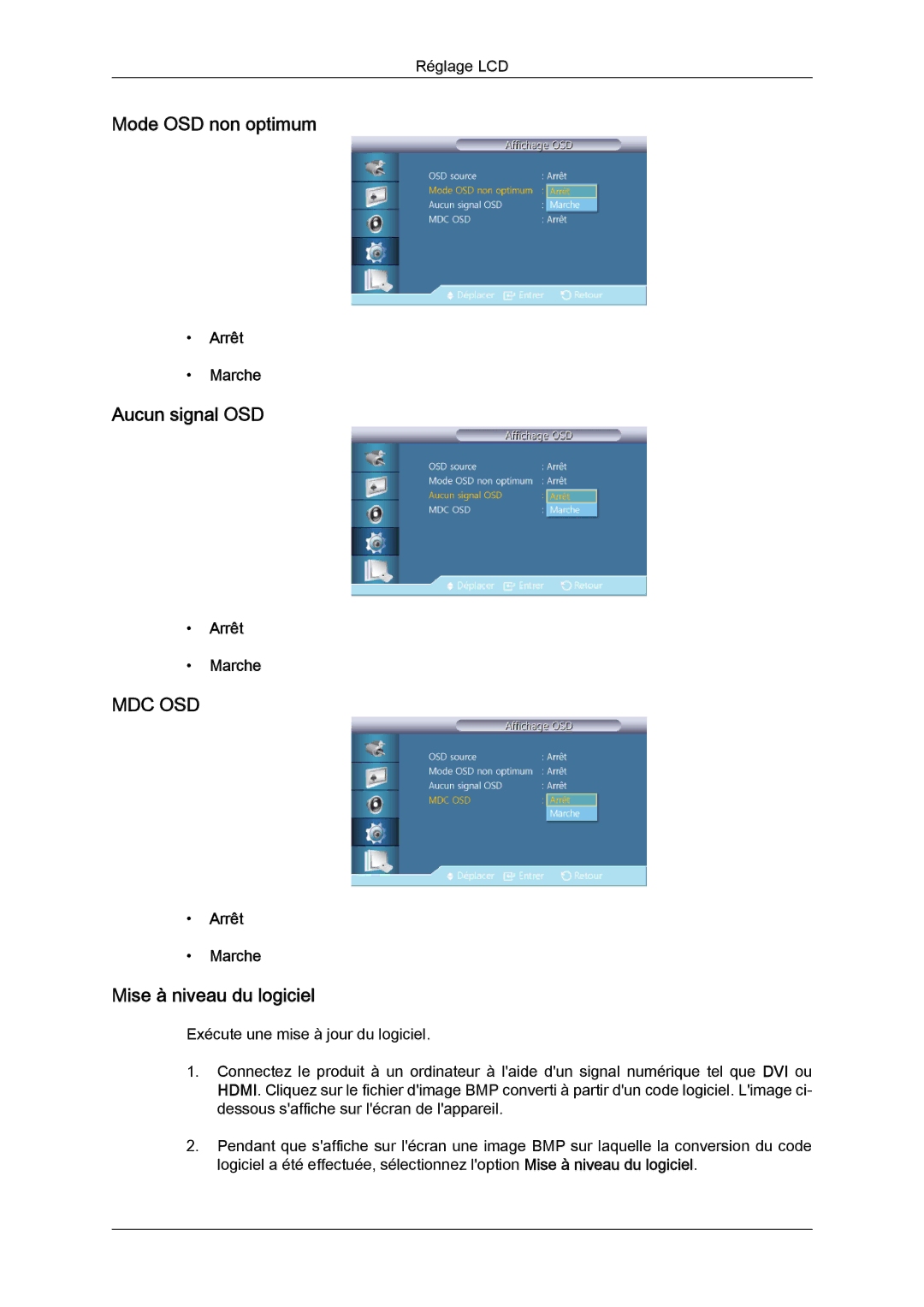 Samsung LH46CSPLBC/EN, LH40CSPLBC/EN manual Mode OSD non optimum, Aucun signal OSD, Mise à niveau du logiciel 