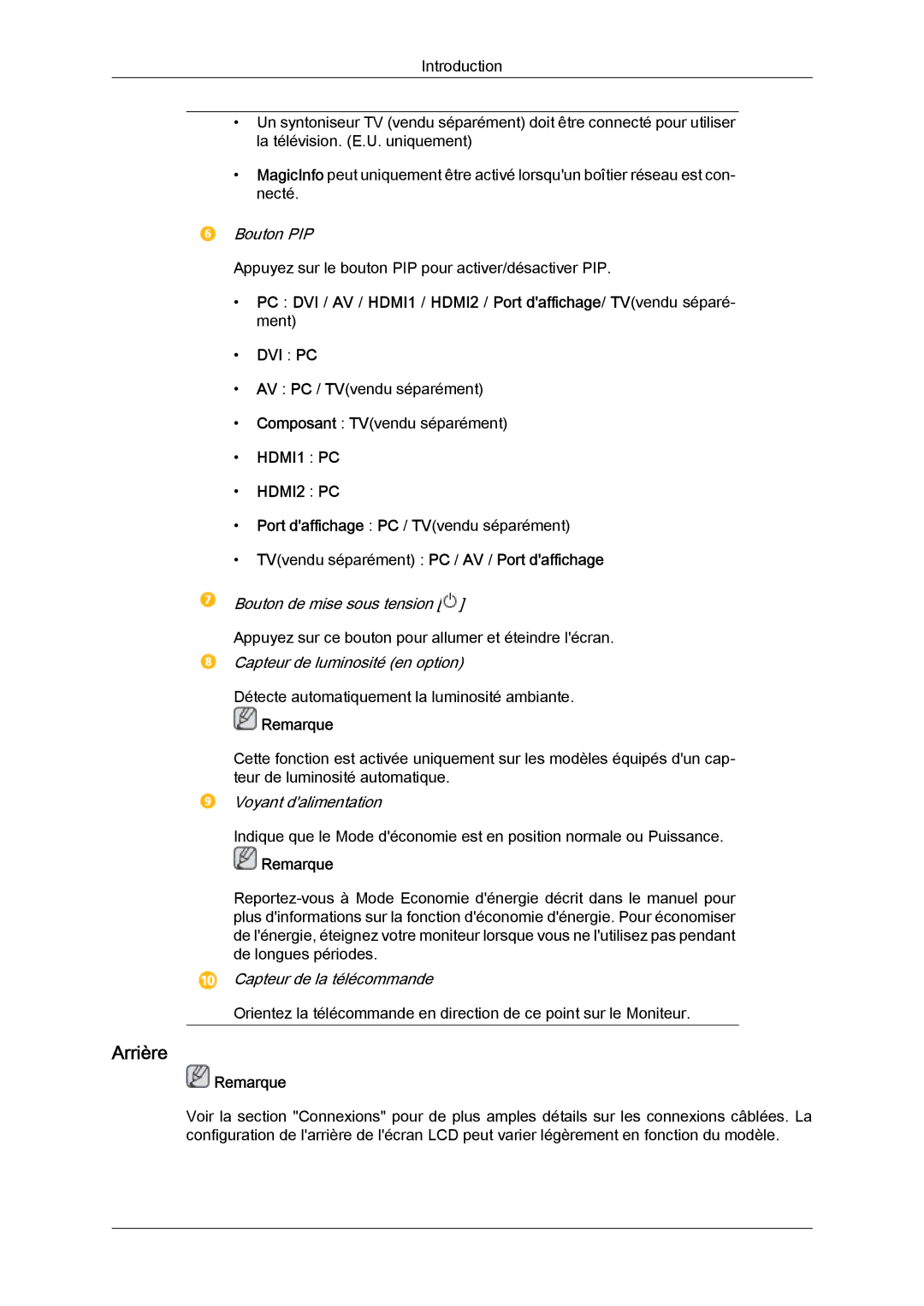 Samsung LH40CSPLBC/EN, LH46CSPLBC/EN manual Arrière, HDMI1 PC HDMI2 PC Port daffichage PC / TVvendu séparément 