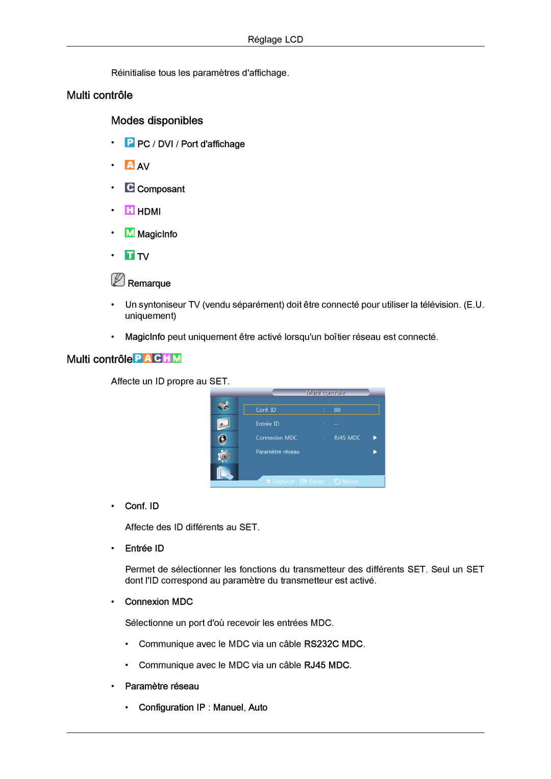 Samsung LH46CSPLBC/EN, LH40CSPLBC/EN manual Multi contrôle Modes disponibles 