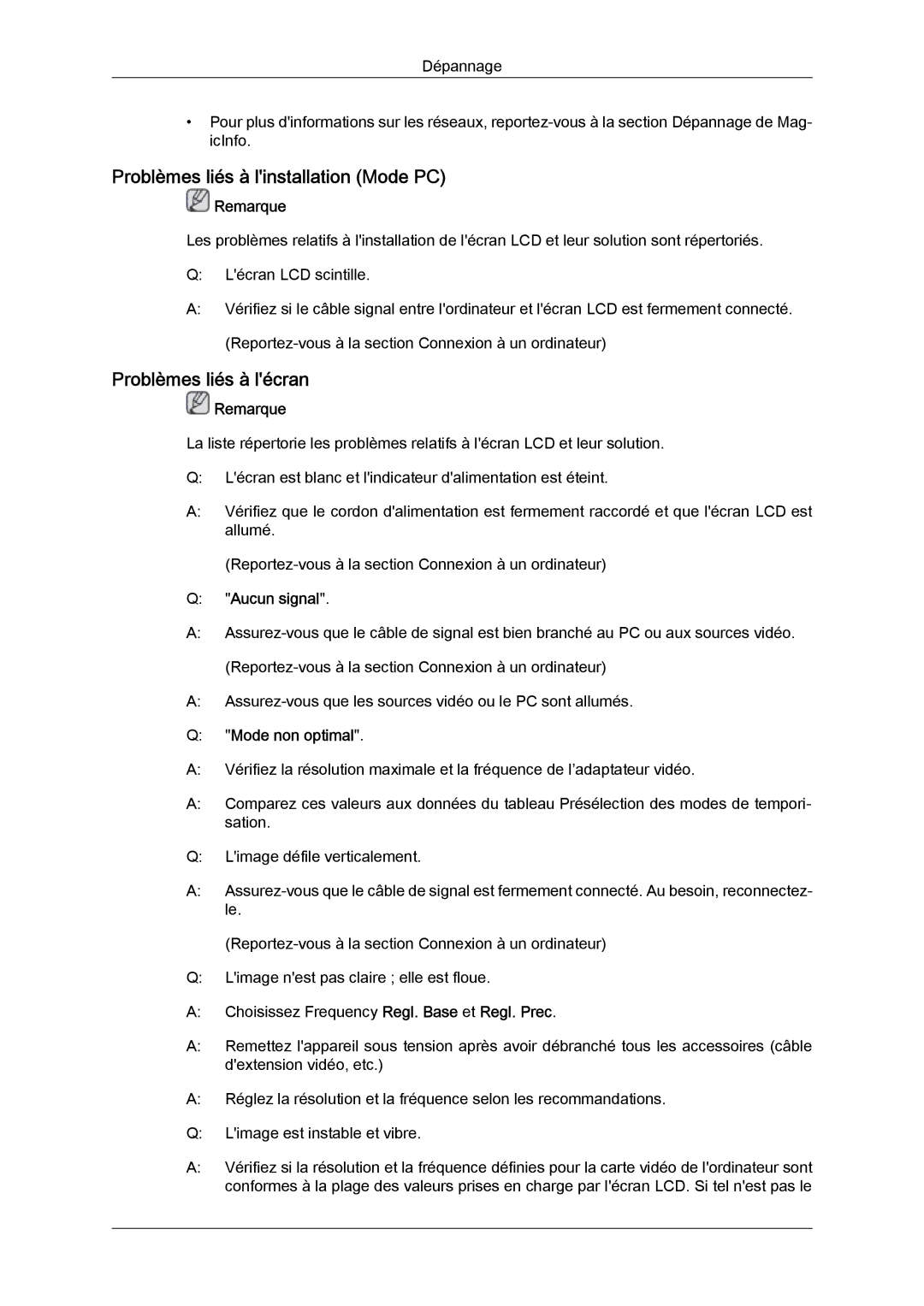 Samsung LH40CSPLBC/EN Problèmes liés à linstallation Mode PC, Problèmes liés à lécran, Aucun signal, Mode non optimal 