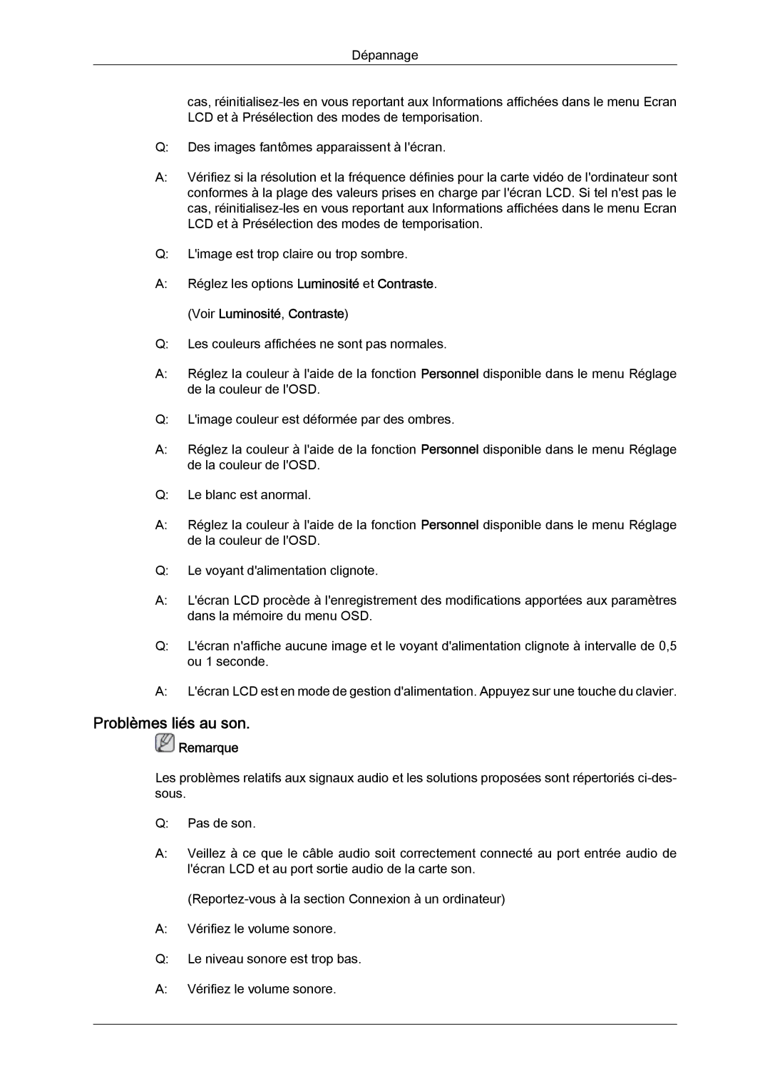 Samsung LH46CSPLBC/EN, LH40CSPLBC/EN manual Problèmes liés au son, Voir Luminosité, Contraste 